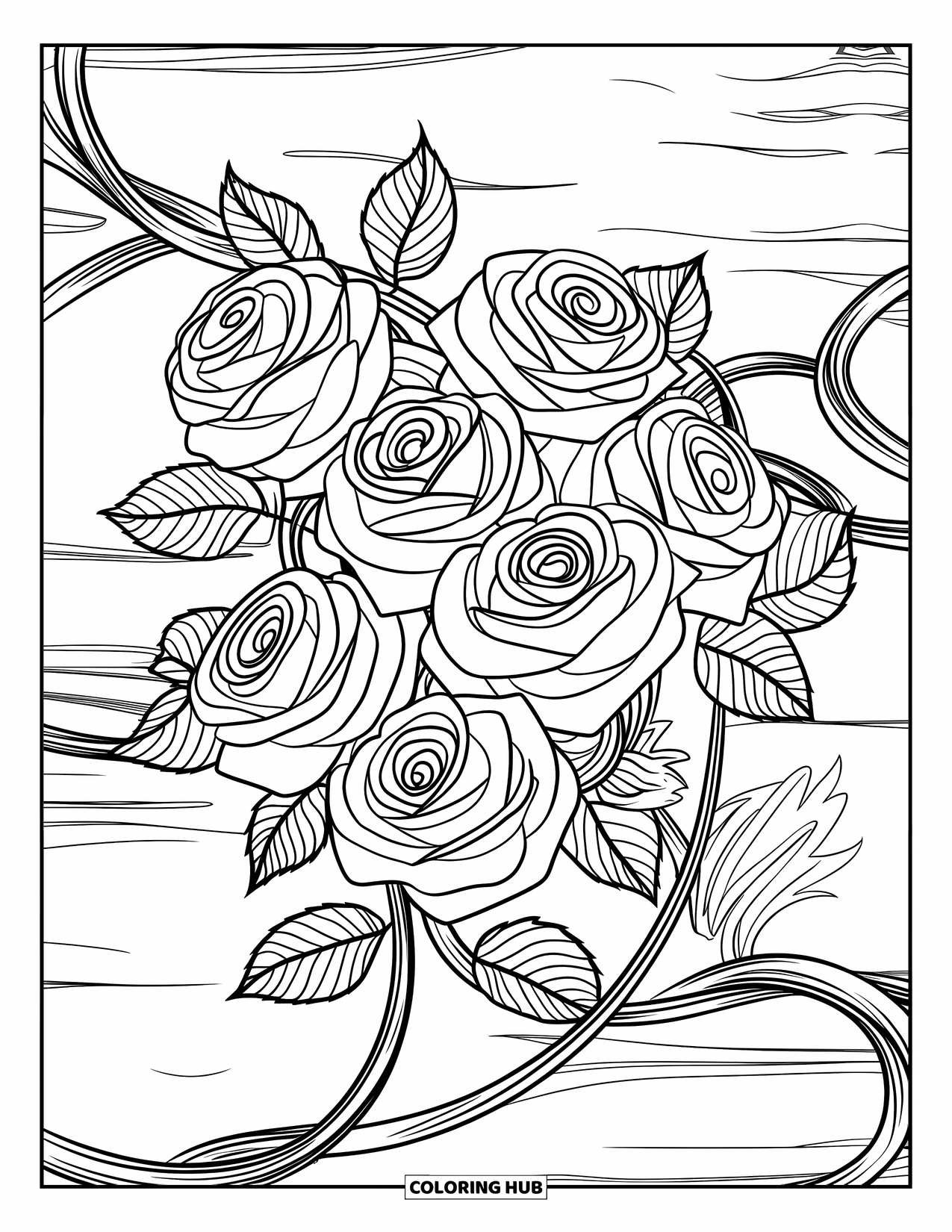Desen de colorat cu trandafiri pentru adulți: Trandafiri și vițe împletite într-un model floral complex și detaliat