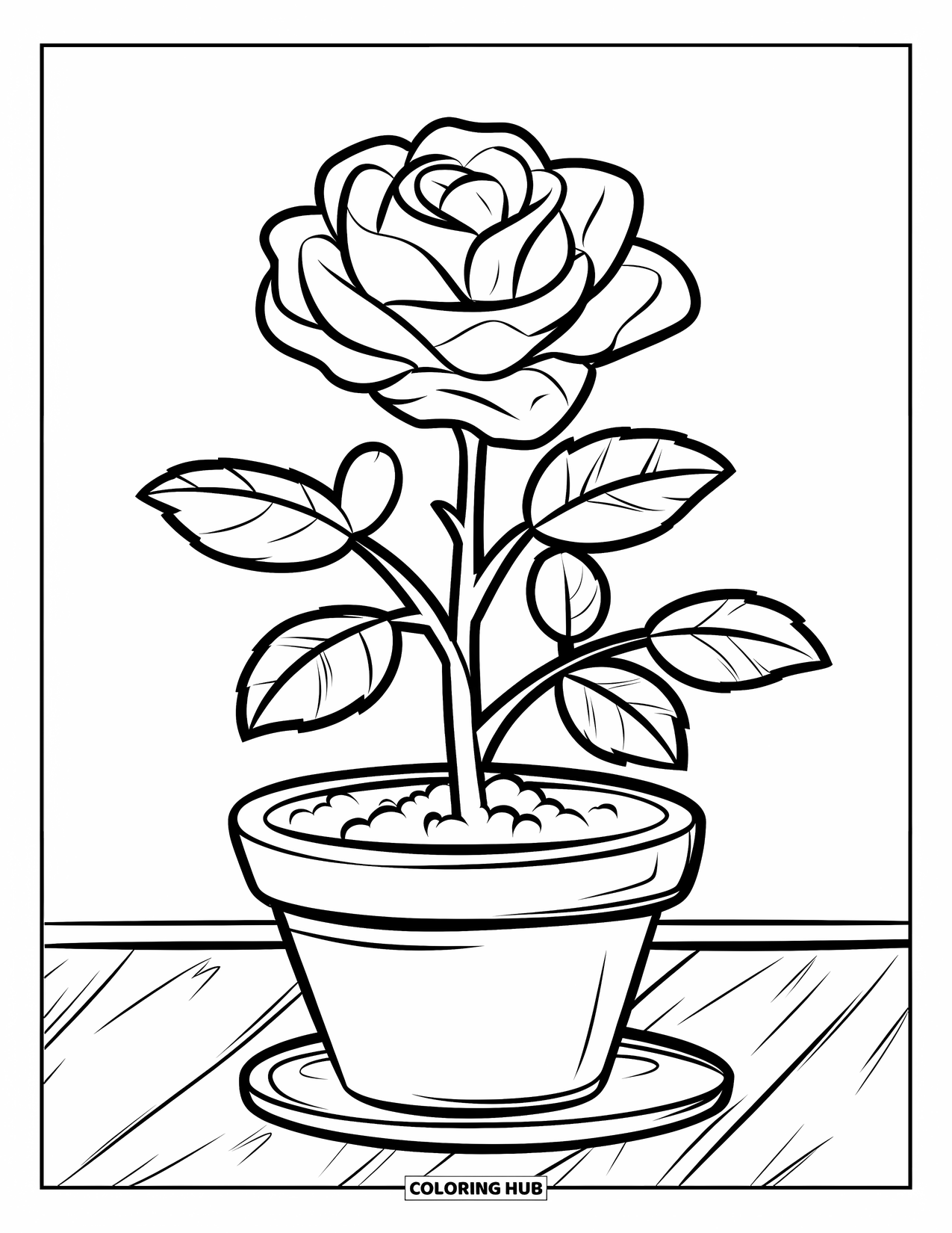Desen de colorat cu trandafir pentru copii: Un trandafir înflorit într-un ghiveci decorativ, așezat pe un suport de lemn