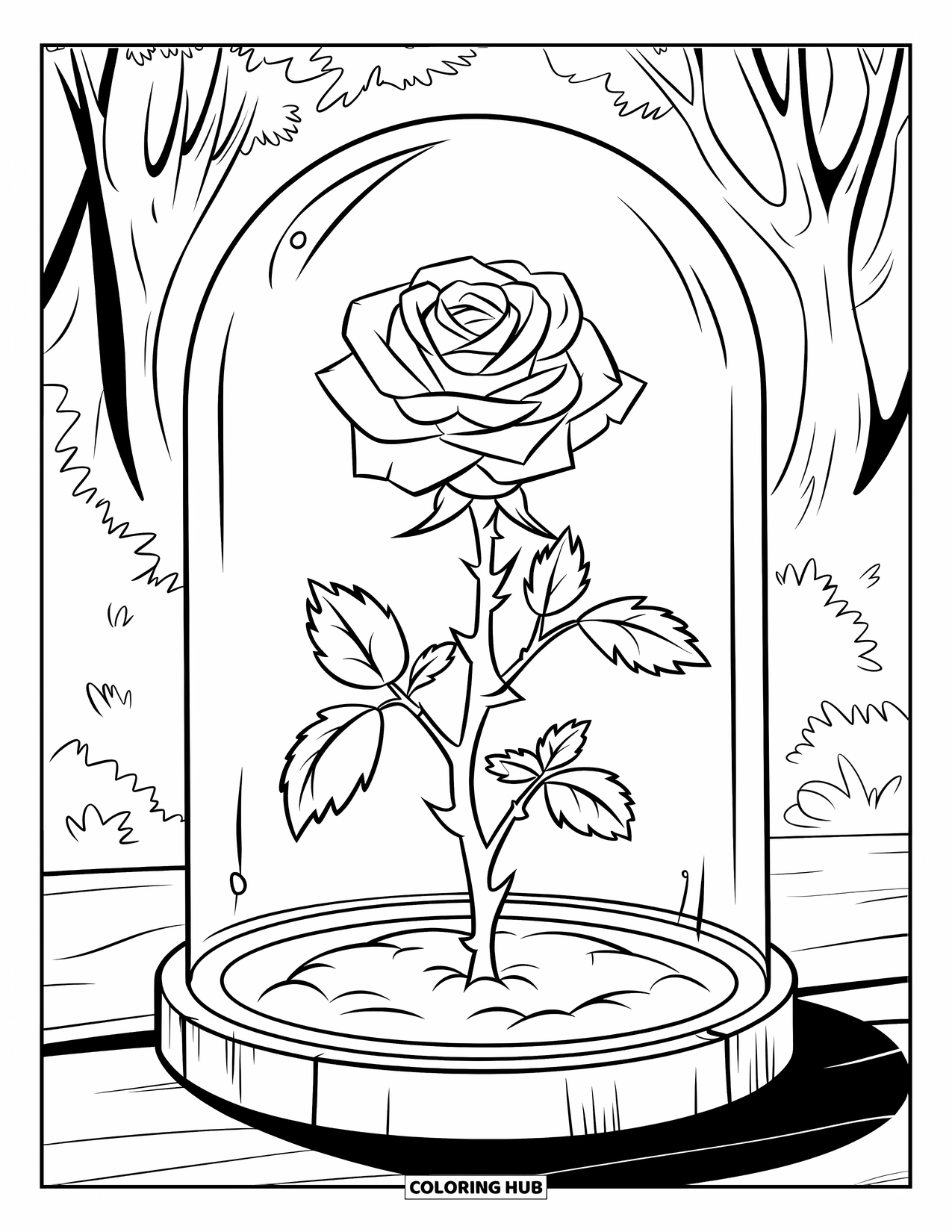 Desen de colorat cu trandafir pentru copii: Un trandafir înflorit într-o cupolă de sticlă, așezat pe un suport de lemn într-o pădure