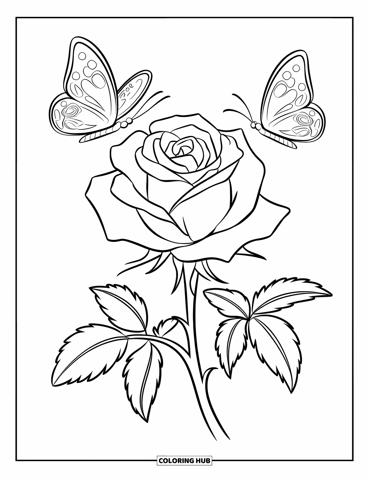 Desen de colorat cu trandafir pentru copii: Un trandafir înflorit cu doi fluturi fluturând grațios în jurul lui