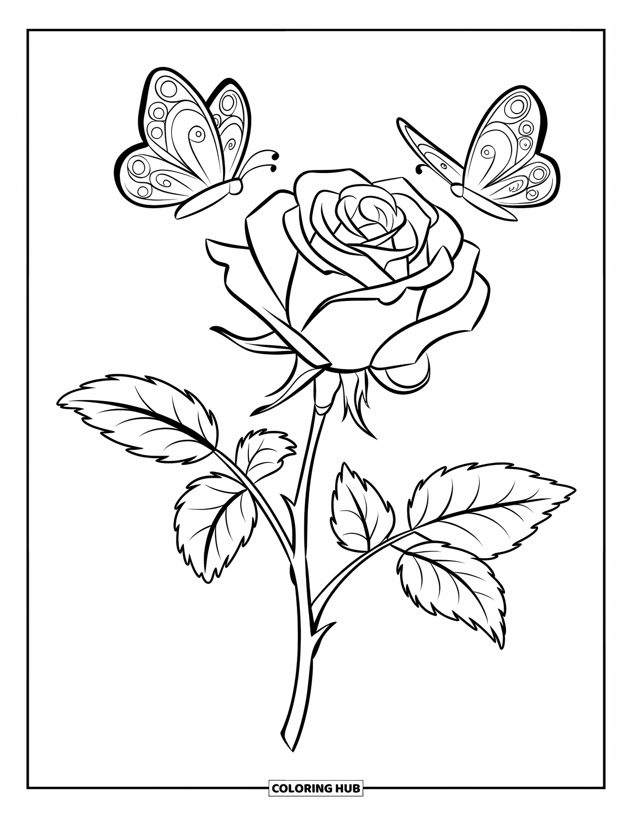 Desen de colorat cu trandafir pentru copii: Un trandafir înflorit cu doi fluturi plutind în apropiere într-un design pașnic