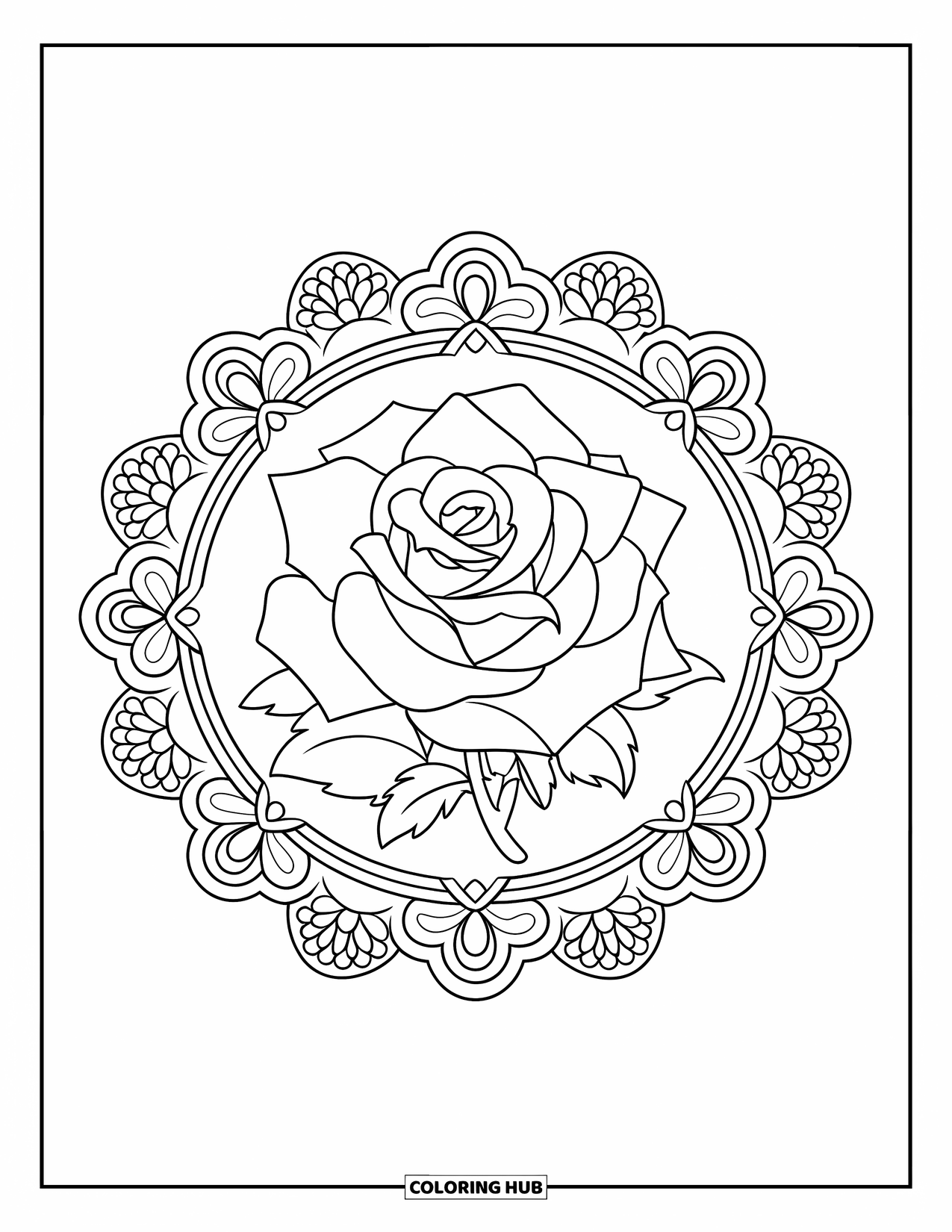 Desen de colorat cu trandafir pentru copii: Un trandafir cu contururi îndrăznețe, plasat în centrul unui cadru floral complex, asemănător dantelei
