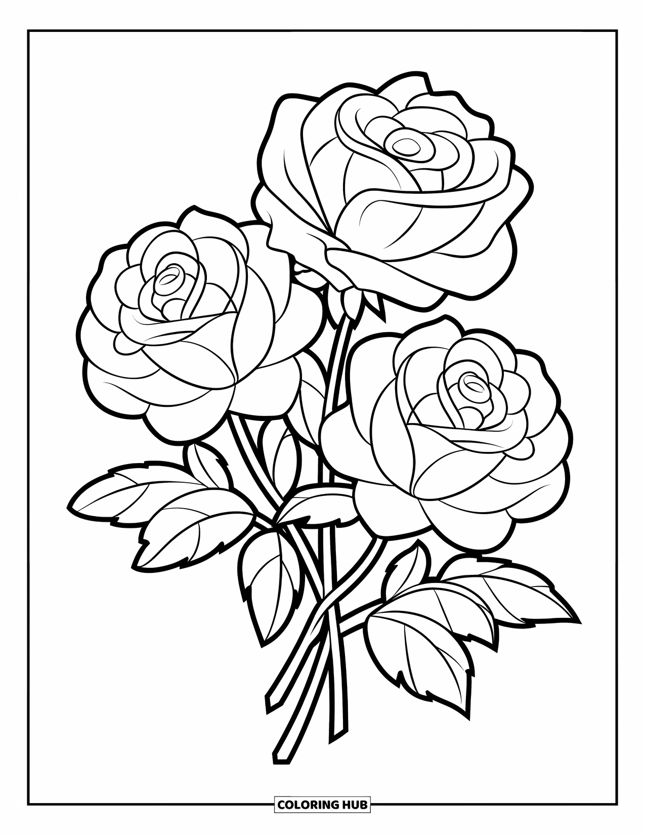 Desen de colorat cu trandafir pentru copii: Un buchet de trei trandafiri cu contururi simple și curate pentru colorare ușoară
