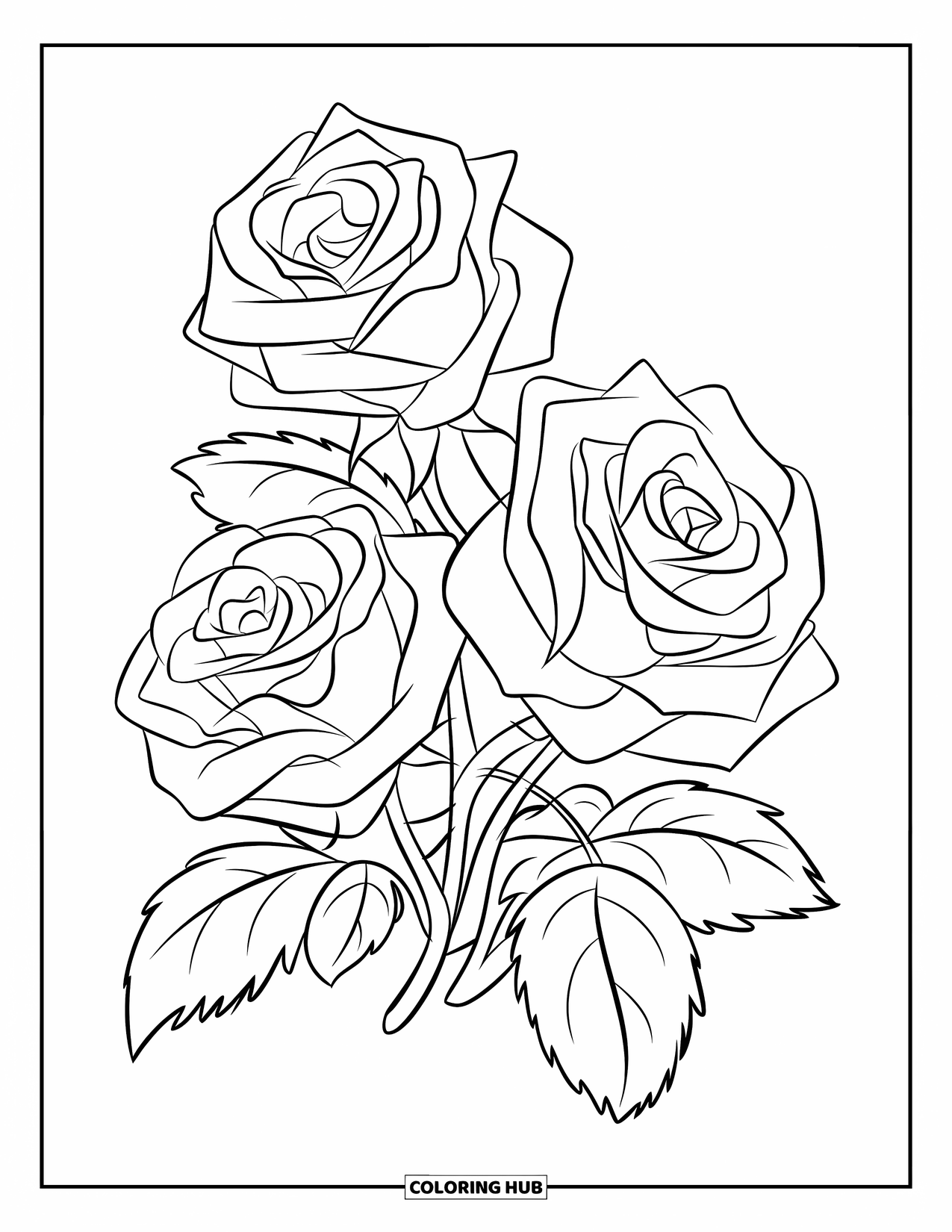 Desen de colorat cu trandafir pentru copii: Un buchet de trei trandafiri înfășurați împreună într-un aranjament floral simplu