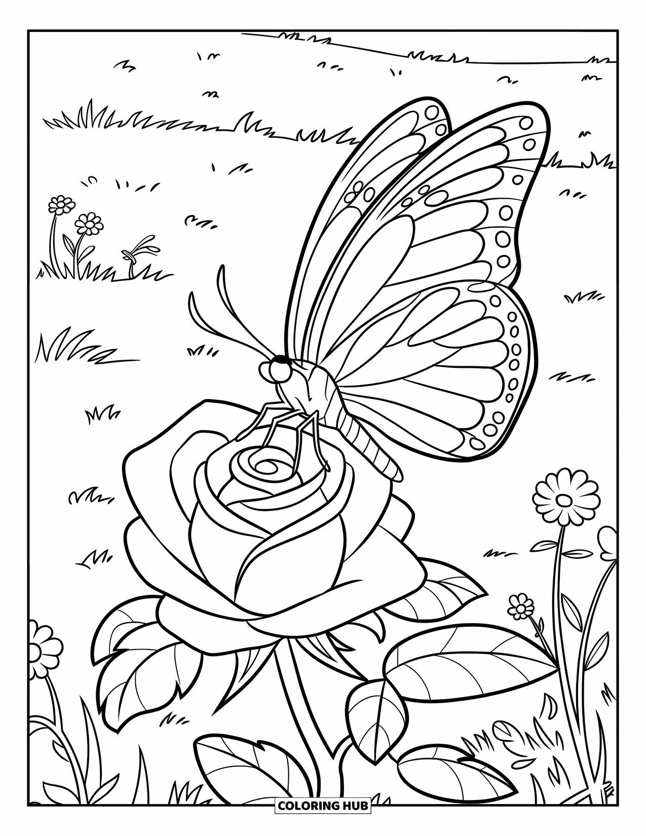 Desen de colorat cu trandafir pentru copii: Un fluture și un trandafir așezați într-o pajiște pașnică cu flori sălbatice