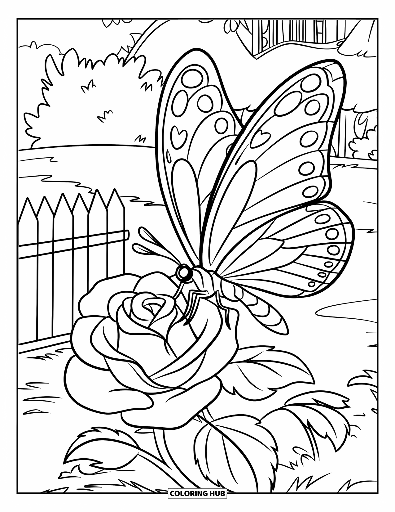Desen de colorat cu trandafir pentru copii: Un fluture cu aripi vibrante atingând petalele unui trandafir înflorit