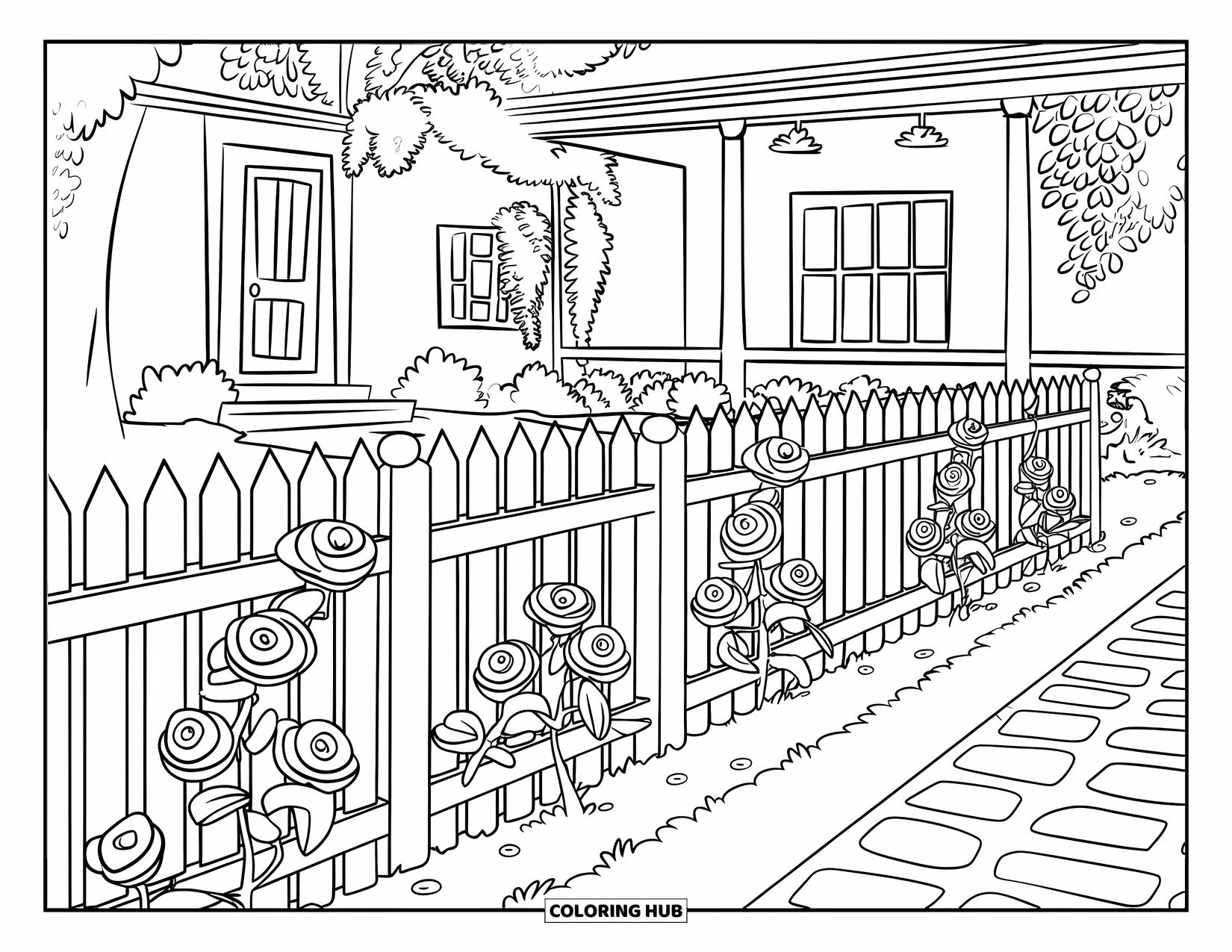 Desen de colorat cu trandafir pentru copii: O scenă fermecătoare de grădină cu trandafiri care cresc de-a lungul unui gard de scânduri și o potecă pietruită