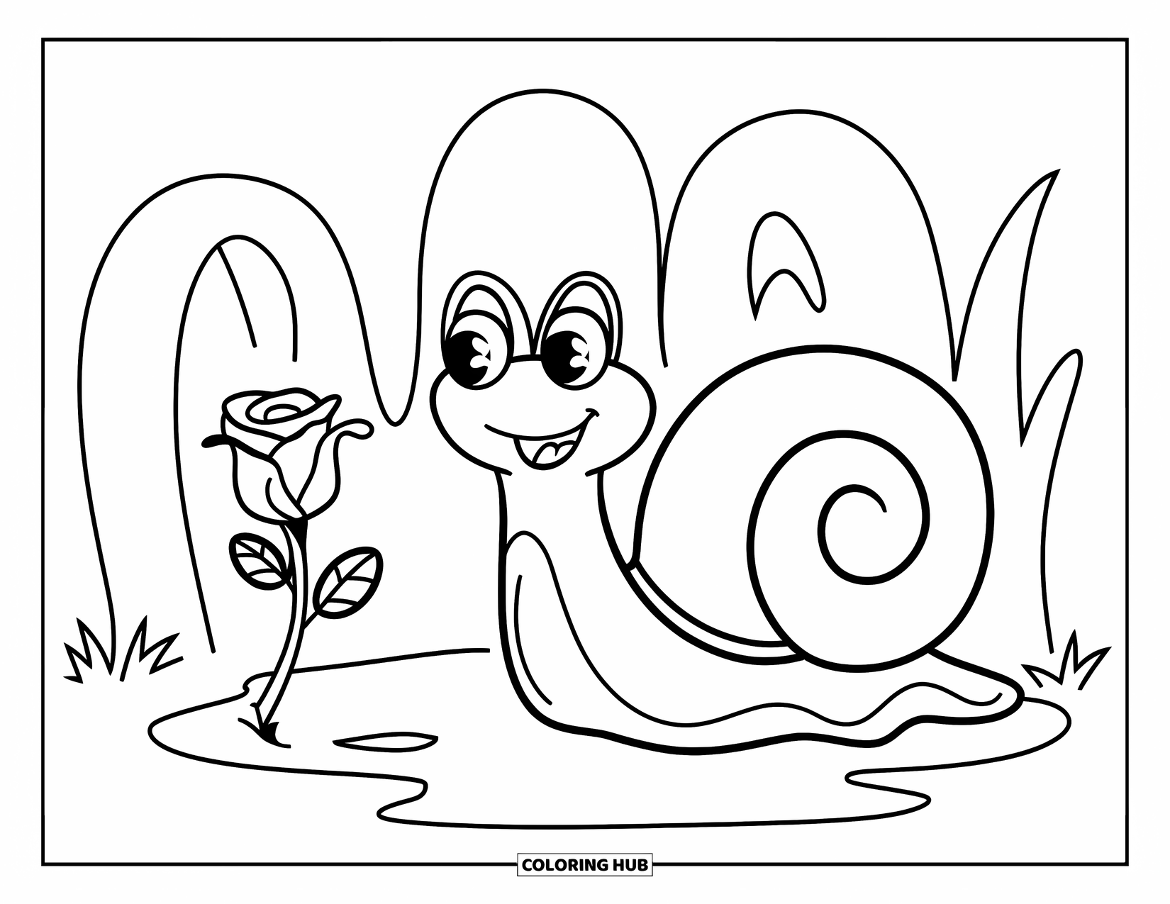 Desen de colorat cu trandafir pentru copii: Un melc vesel lângă un trandafir delicat, odihnindu-se în iarbă