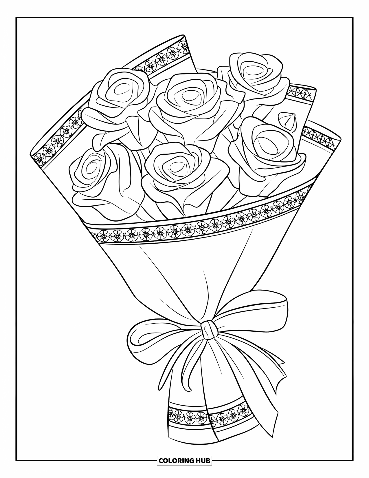 Desen de colorat cu trandafir pentru copii: Un buchet clasic de trandafiri înfășurat în hârtie decorativă, legat cu o panglică