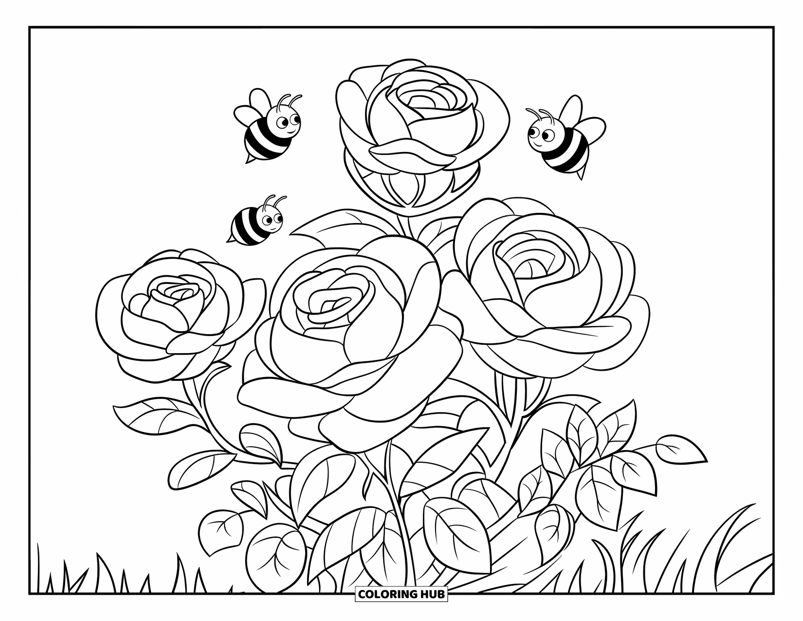 Desen de colorat cu trandafir pentru copii: Un grup de trandafiri sălbatici cu petale rotunde și albine zumzăitoare în apropiere