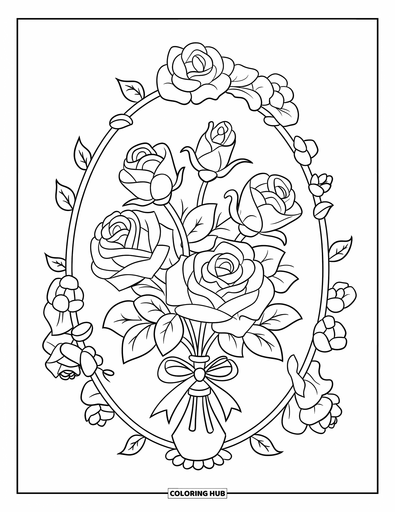 Desen de colorat cu trandafir pentru copii: Un cadru decorativ umplut cu trandafiri înfloriți în diferite stadii de creștere