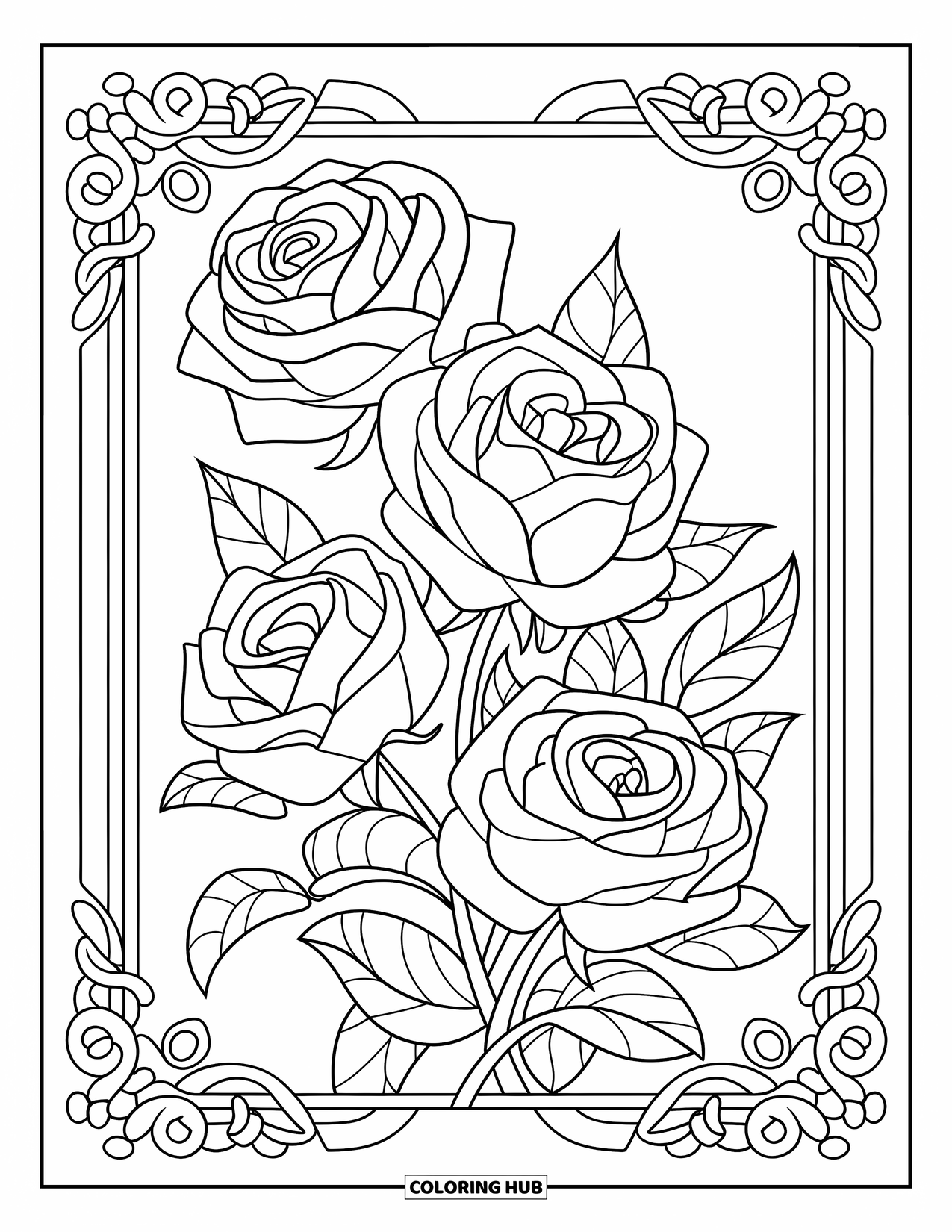 Desen de colorat cu trandafir pentru copii: Un cadru decorativ cu tematică florală care înconjoară un buchet de trandafiri frumos aranjat