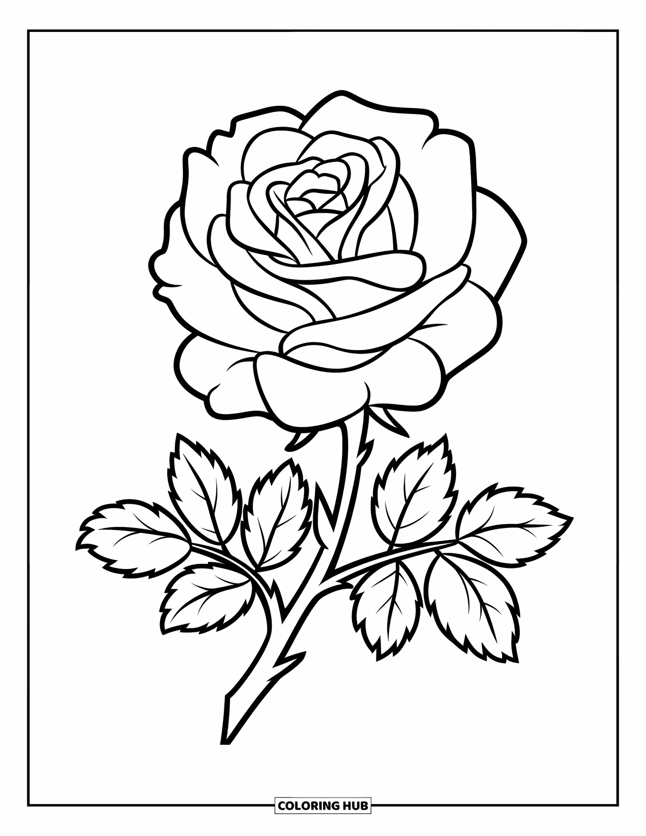 Desen de colorat cu trandafir pentru copii: Un trandafir complet înflorit, cu o tulpină robustă și frunze îndrăznețe