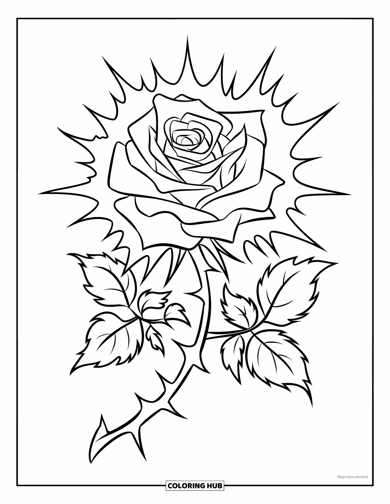 Desen de colorat cu trandafir pentru copii: Un trandafir de inspirație gotică, cu spini ascuțiți, eleganți și o aură întunecată, misterioasă
