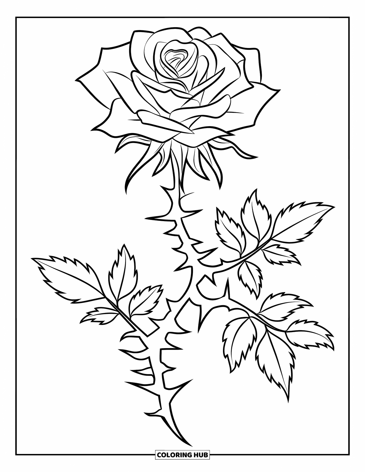 Desen de colorat cu trandafir pentru copii: Un trandafir de inspirație gotică, cu spini ascuțiți, eleganți și o aură misterioasă