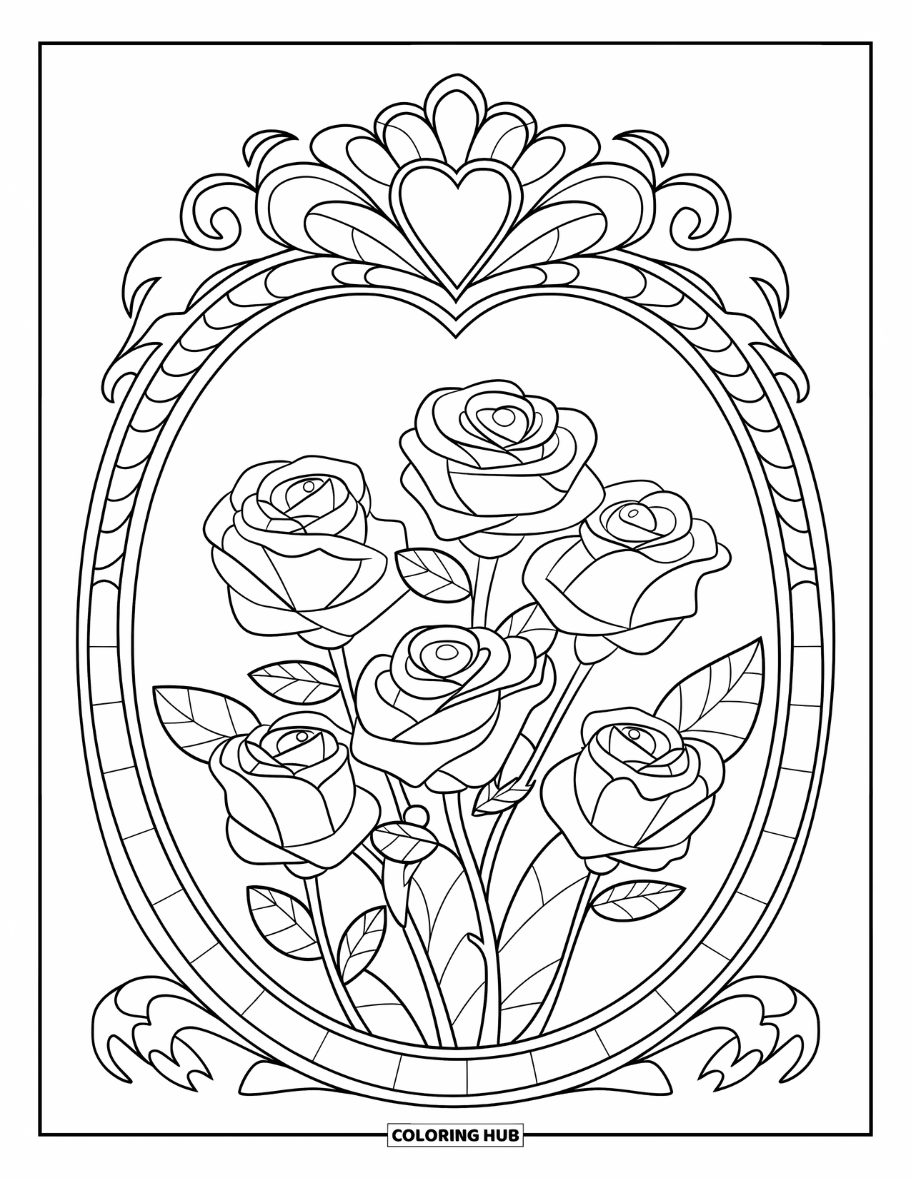 Desen de colorat cu trandafir pentru copii: Un cadru floral împodobit cu o inimă, cu un buchet de trandafiri în centru