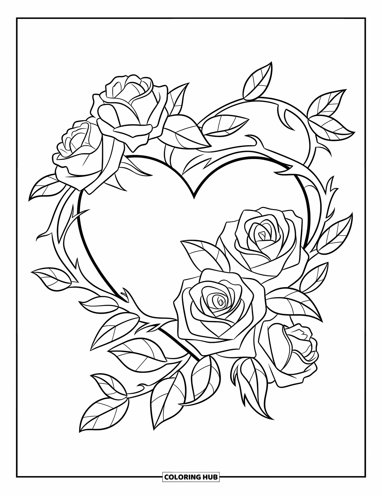 Desen de colorat cu trandafir pentru copii: O inimă înconjurată de vițe detaliate de trandafir, creând un aspect îndrăzneț și elegant