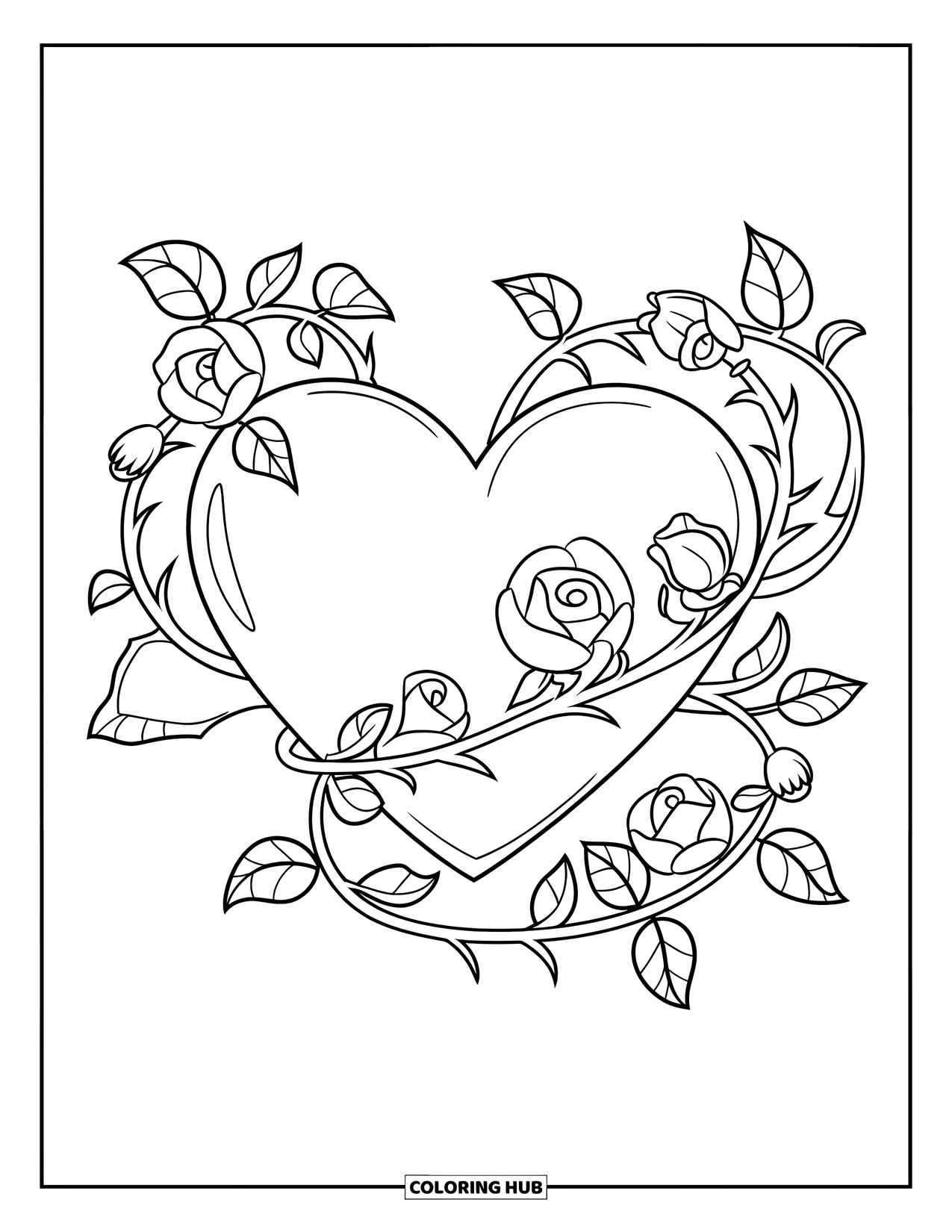 Desen de colorat cu trandafir pentru copii: O inimă înfășurată în vițe de trandafir, cu frunze și boboci complicați într-un design central
