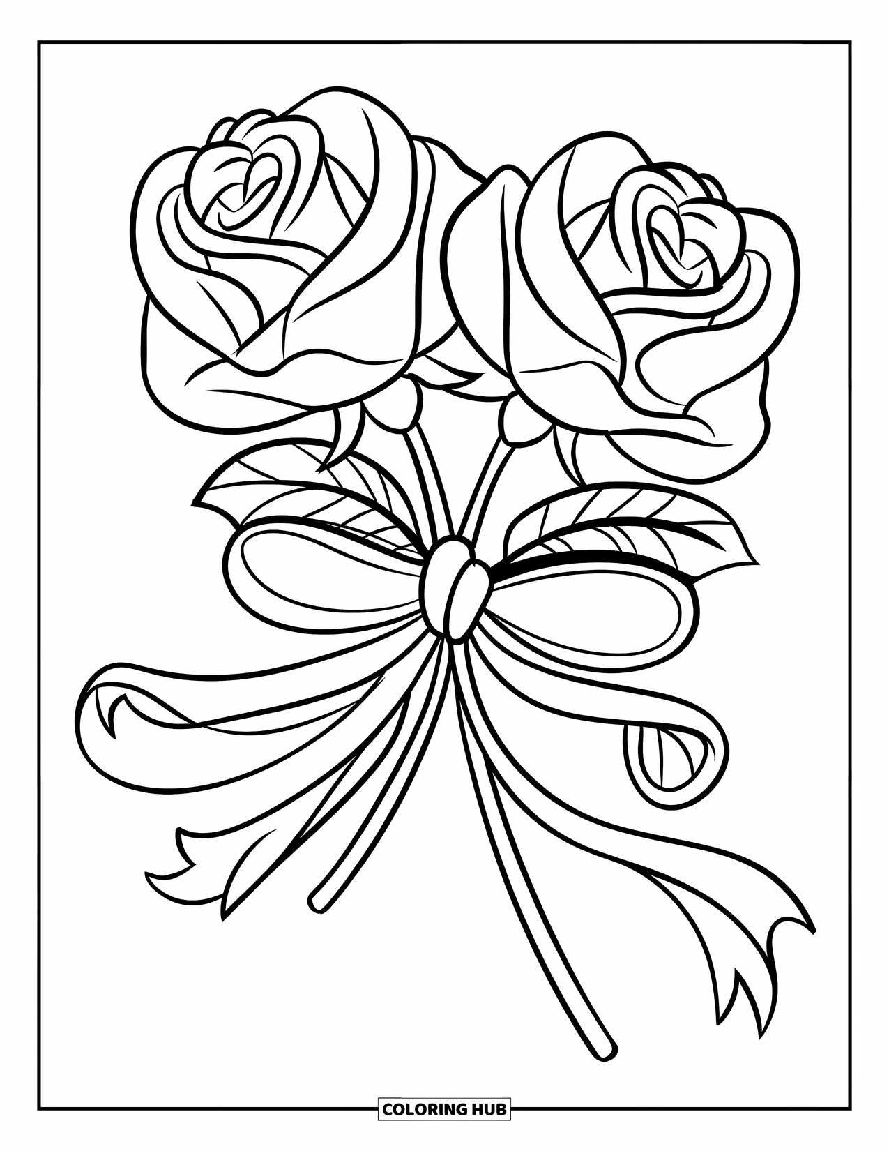 Desen de colorat cu trandafir pentru copii: O pereche de trandafiri legați cu o panglică, însoțiți de câteva frunze