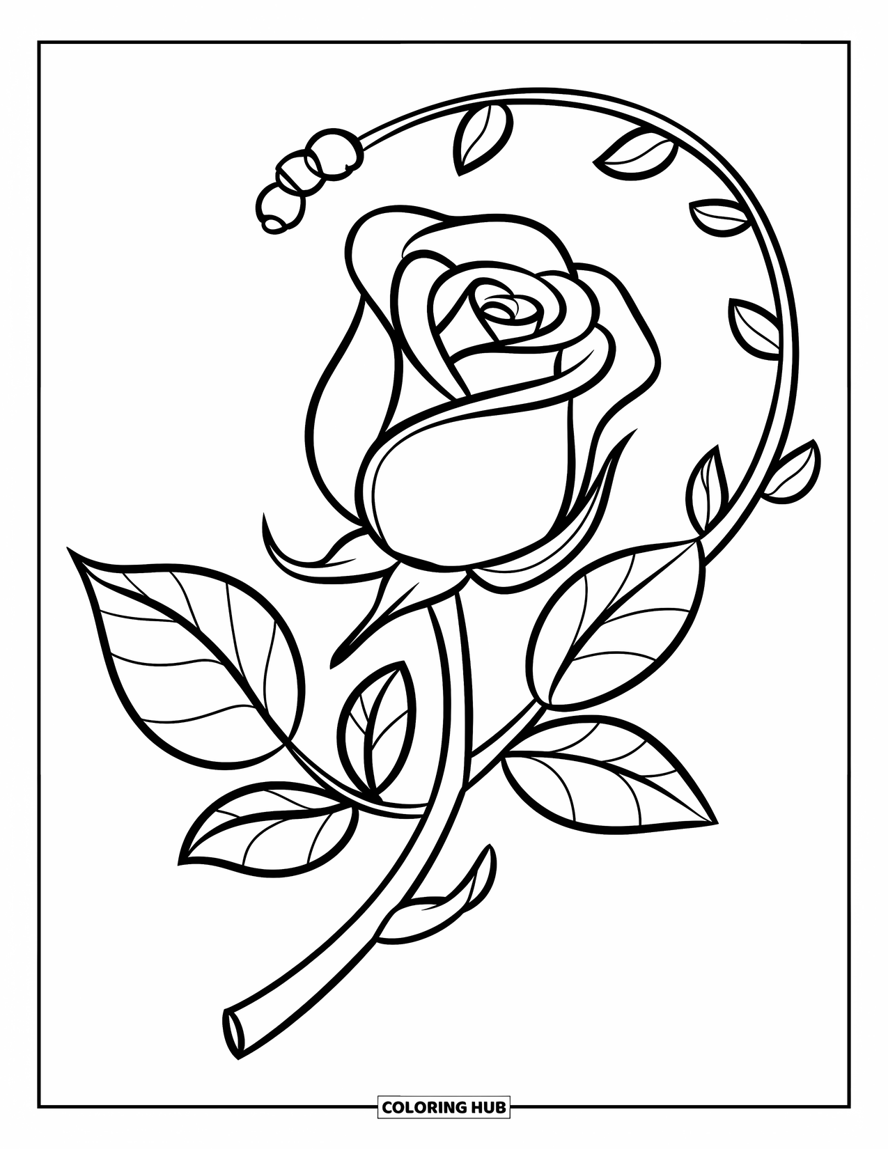 Desen de colorat cu trandafir pentru copii: Un boboc de trandafir jucăuș, cu vițe ondulate și frunze mari, expresive