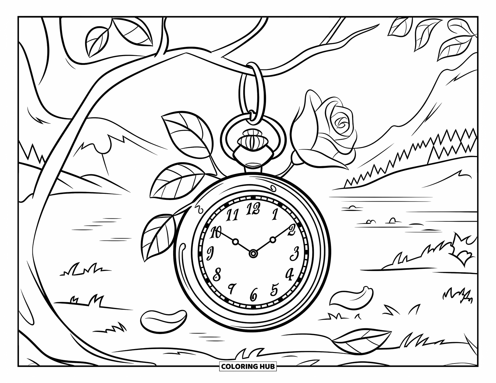 Desen de colorat cu trandafir pentru copii: Un ceas de buzunar atârnând de o ramură, înconjurat de frunze și petale împrăștiate