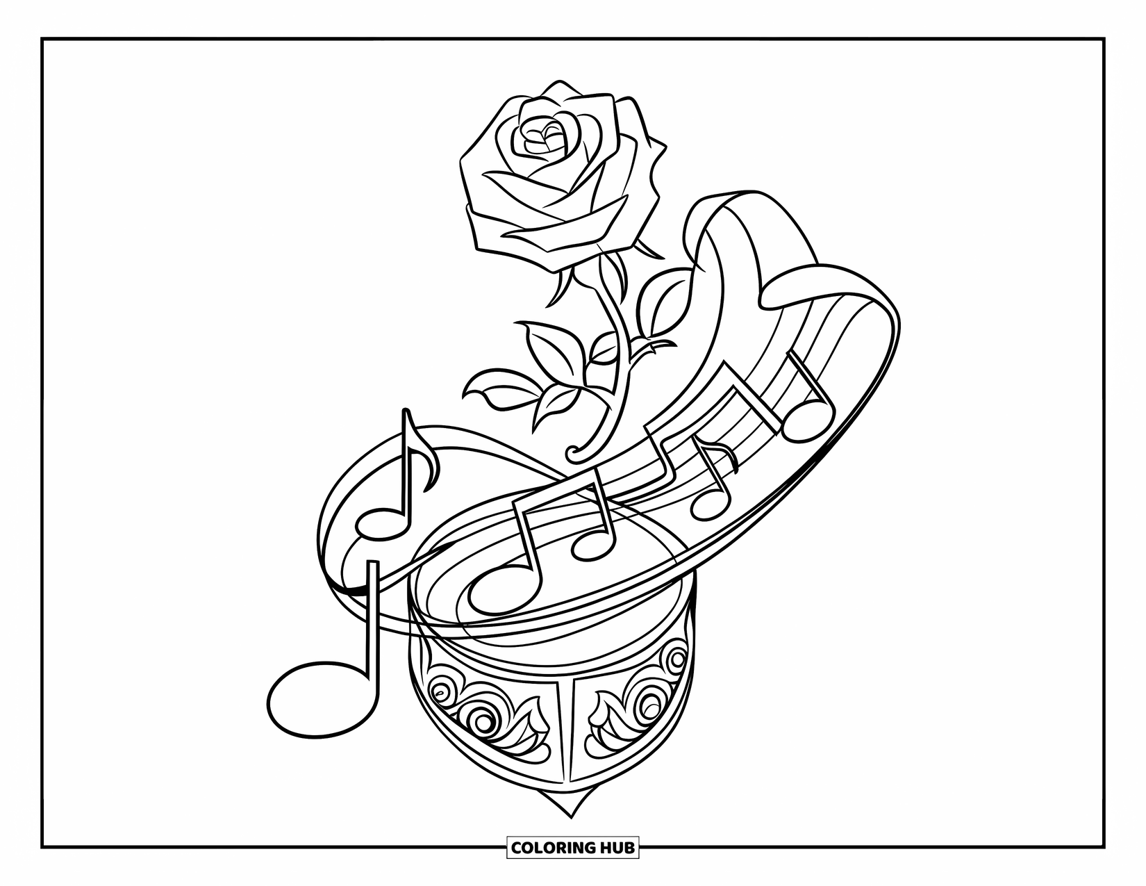 Desen de colorat cu trandafir pentru copii: Un trandafir care crește de-a lungul unei cutii muzicale, înfășurat în note muzicale vârtejitoare