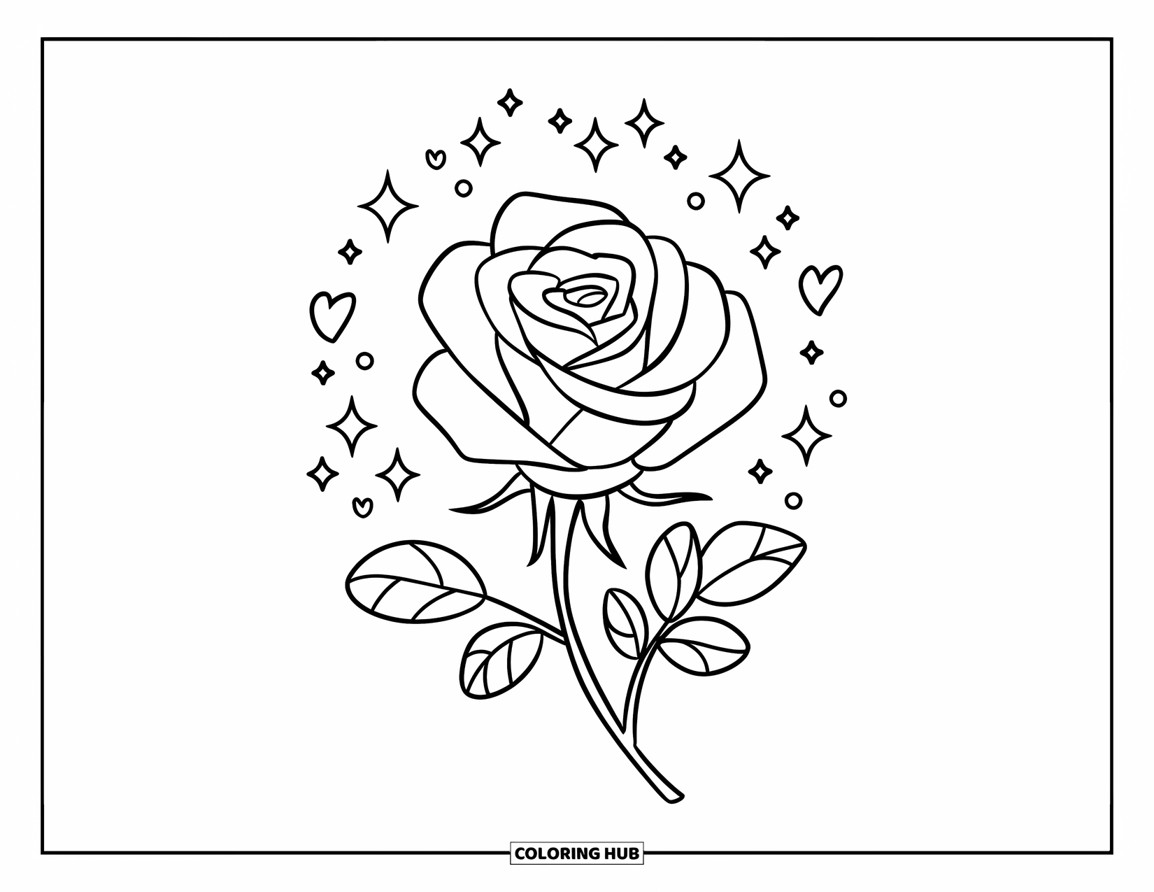 Desen de colorat cu trandafir pentru copii: Un trandafir înconjurat de sclipici mici, stele și inimi într-un design capricios