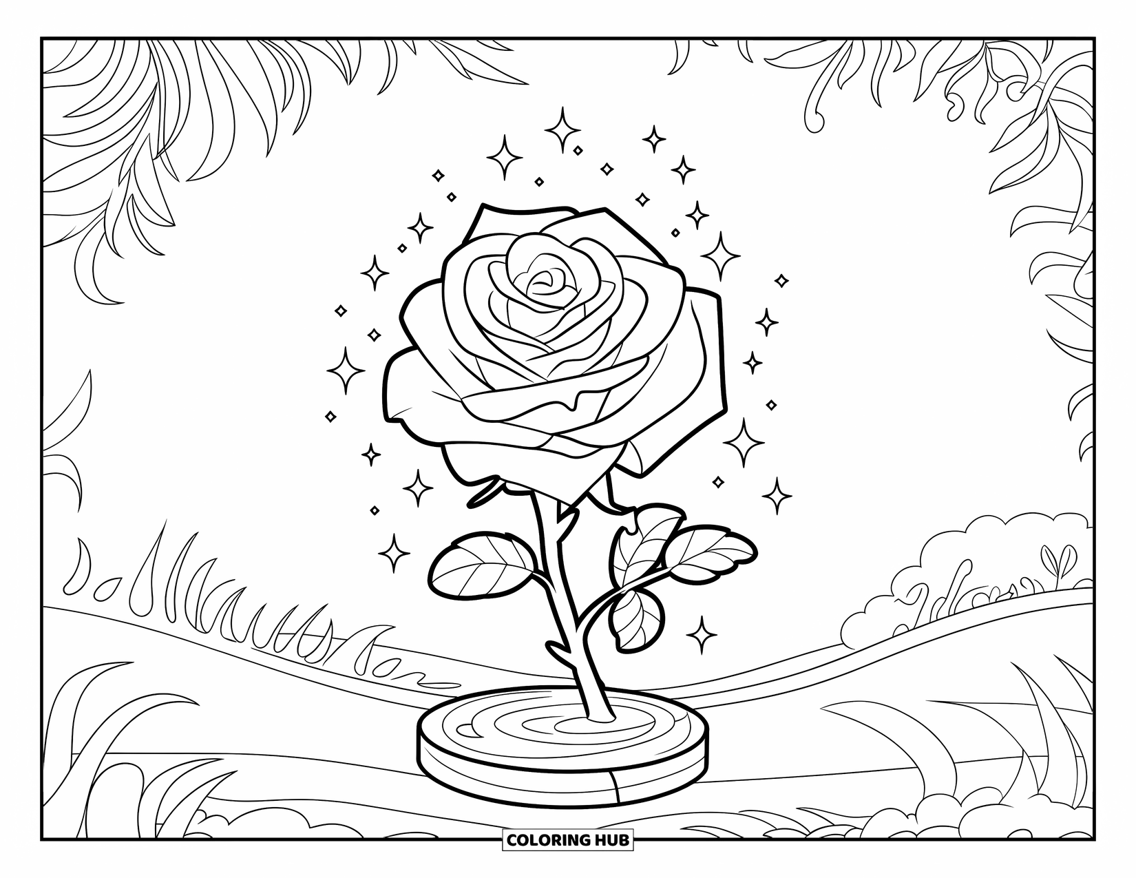Desen de colorat cu trandafir pentru copii: Un trandafir cu sclipici așezat pe o bază de lemn, adăugând o notă de vis