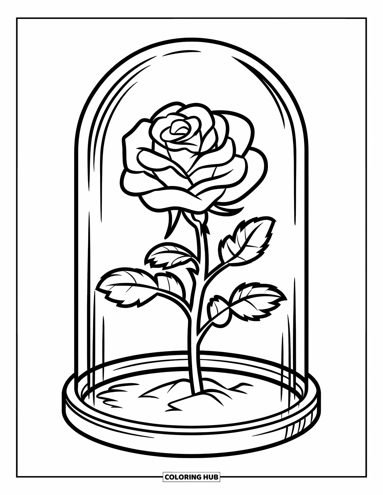 Desen de colorat cu trandafir pentru copii: Un singur trandafir într-o cupolă de sticlă, inspirat de basmele clasice