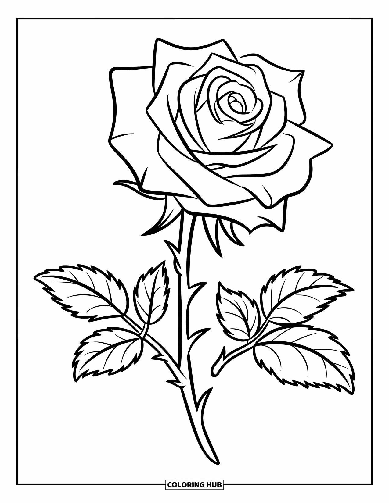 Desen de colorat cu trandafir pentru copii: Un singur trandafir cu câțiva spini, stând înalt într-o vază