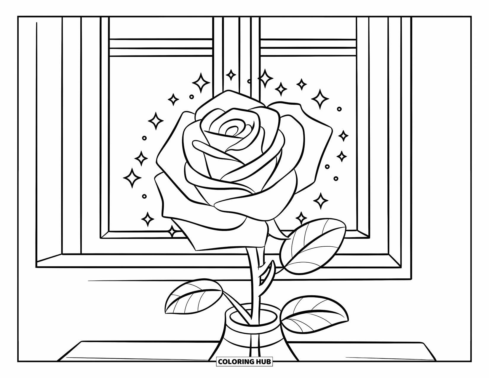Desen de colorat cu trandafir pentru copii: Un singur trandafir cu sclipici mici în jurul lui, creând un efect magic