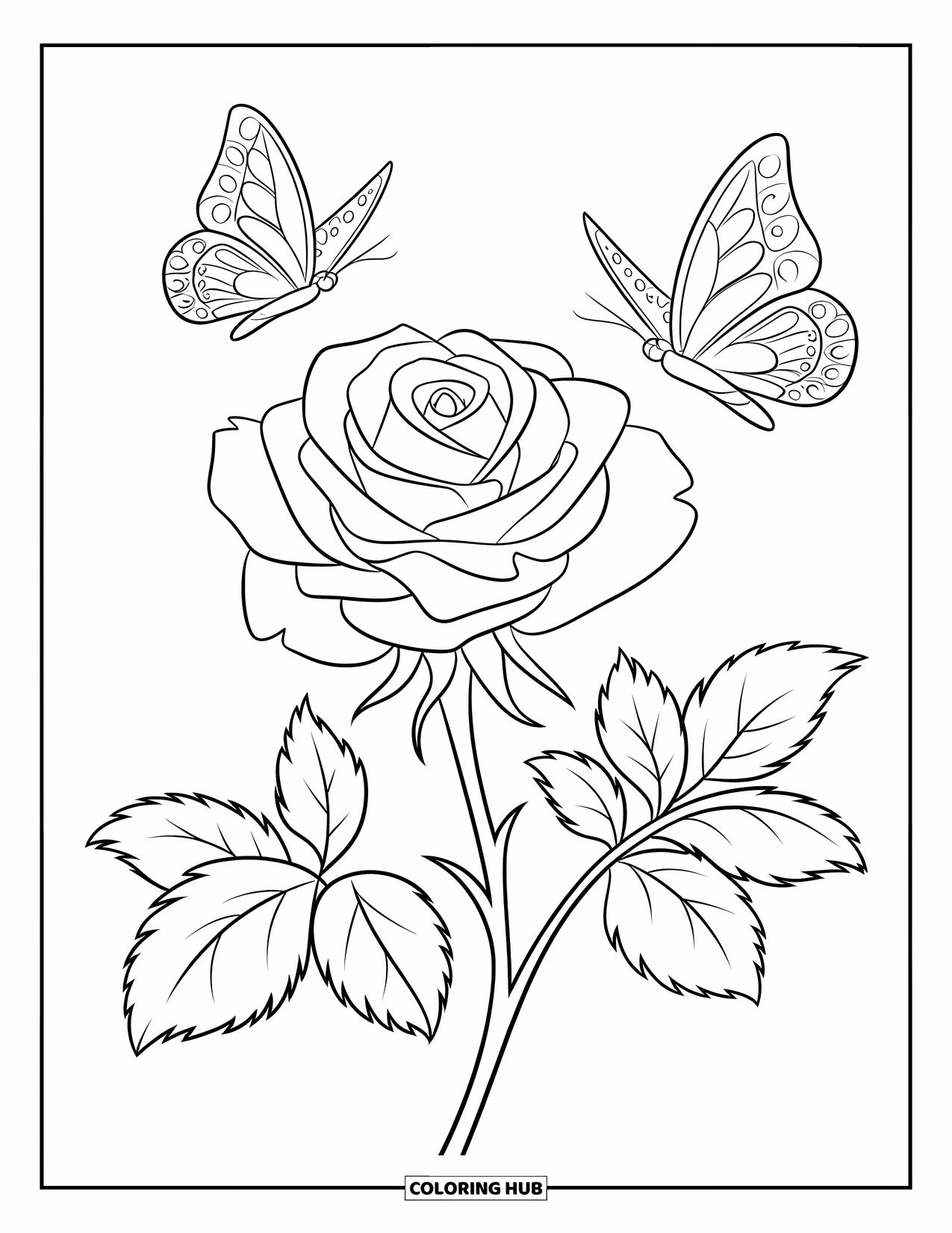 Desen de colorat cu trandafir pentru copii: Un singur trandafir cu doi fluturi plutind ușor deasupra petalelor sale