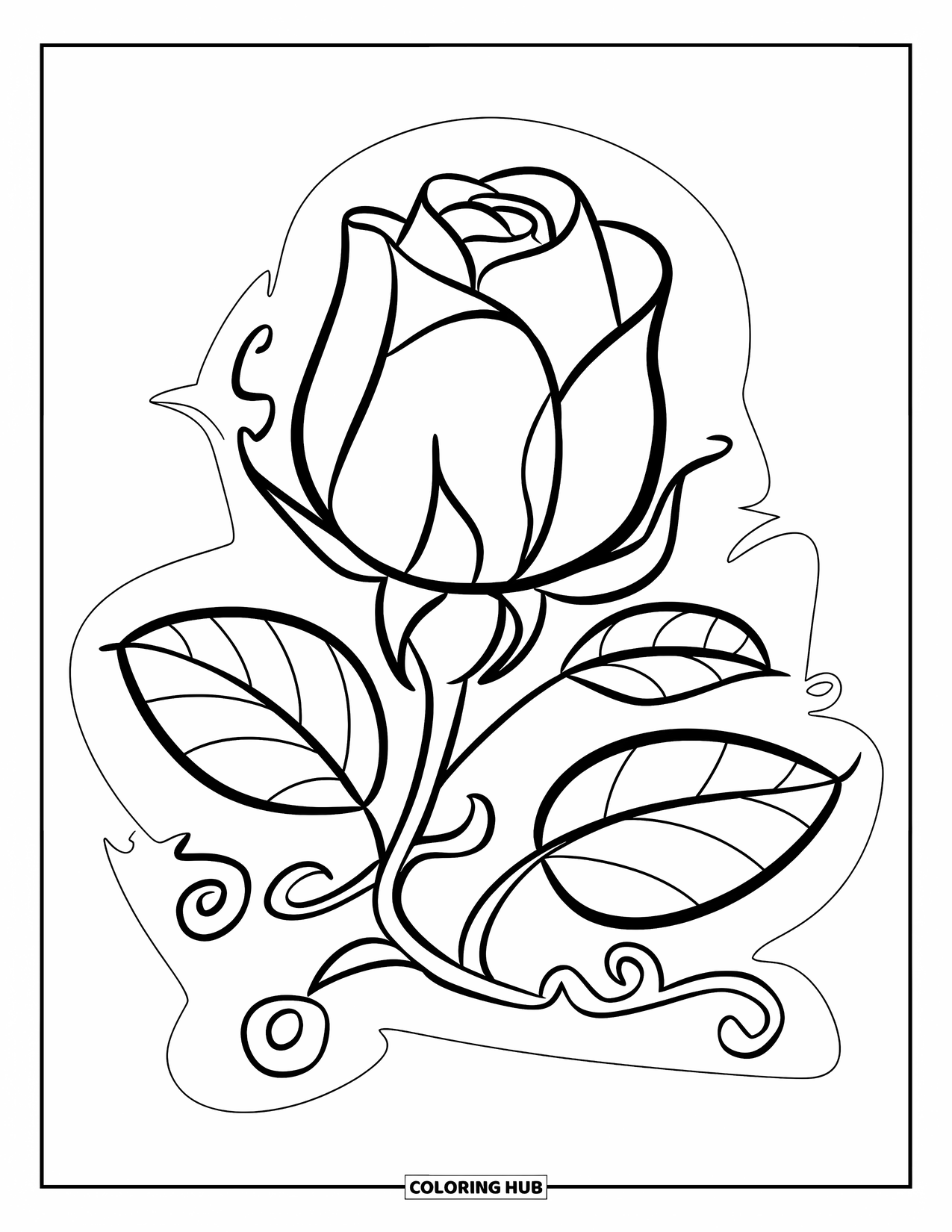 Desen de colorat cu trandafir pentru copii: Un boboc mic de trandafir cu o viță delicată care se înfășoară în jurul tulpinii sale