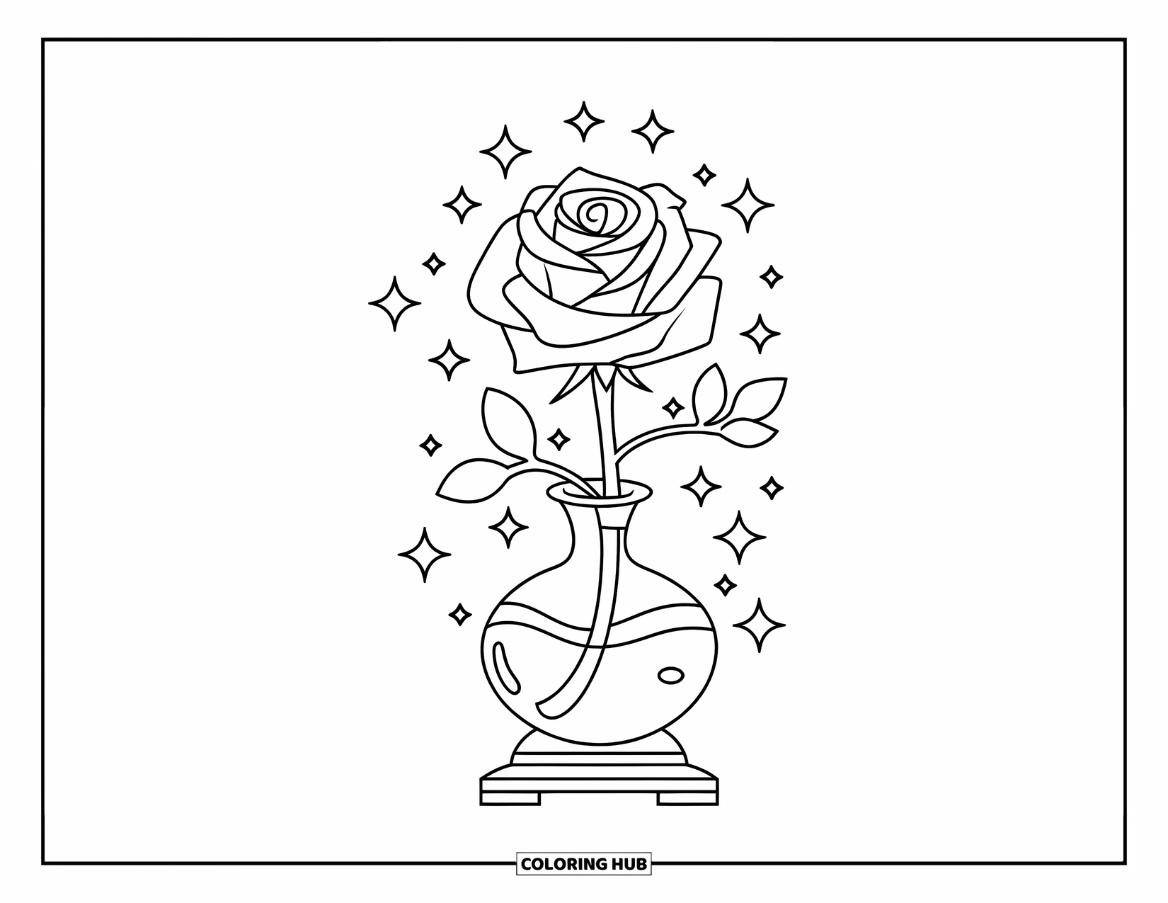 Desen de colorat cu trandafir pentru copii: Un trandafir sclipitor așezat într-o vază pe un suport de lemn