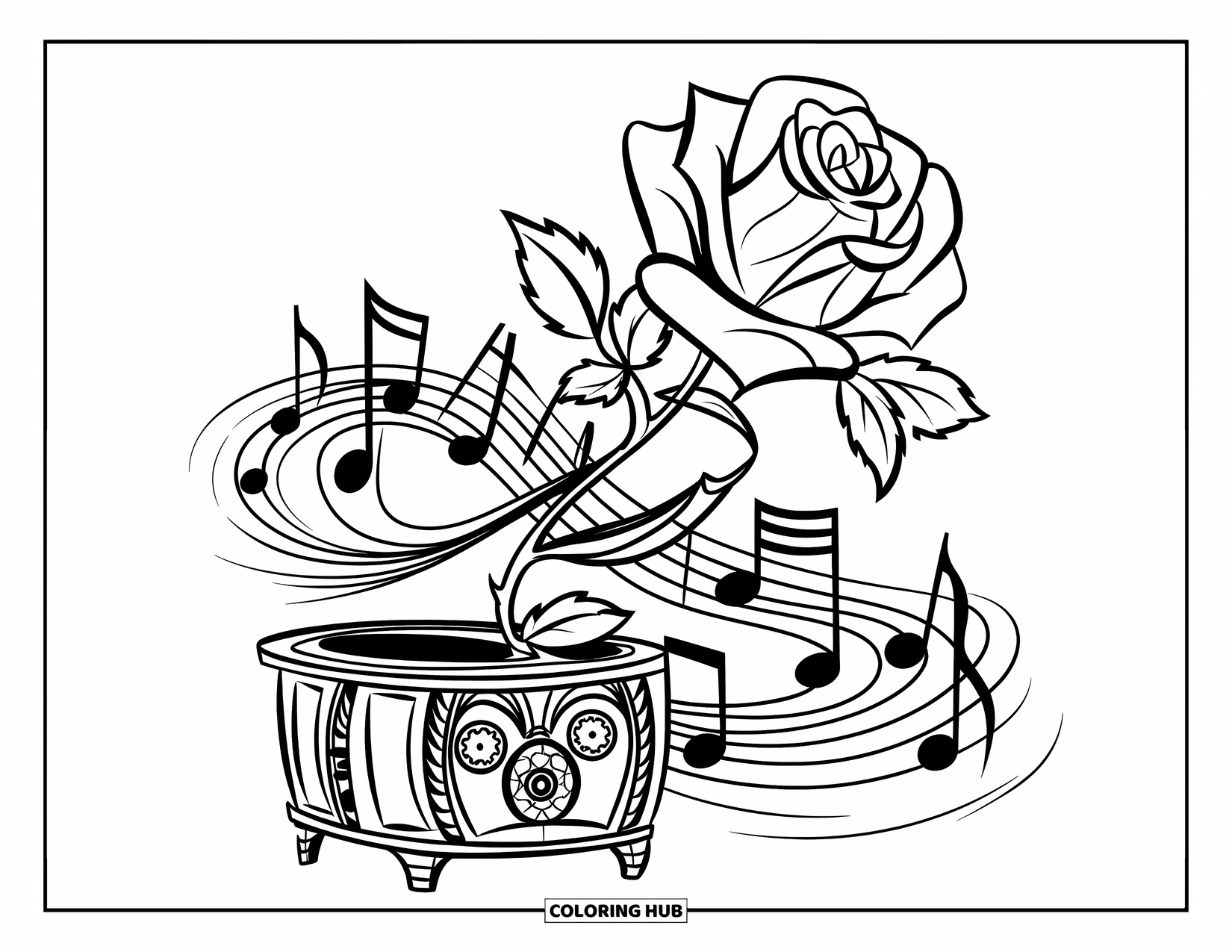 Desen de colorat cu trandafir pentru copii: O cutie muzicală vintage cu un trandafir înflorit și note curgătoare împletite cu spinii săi