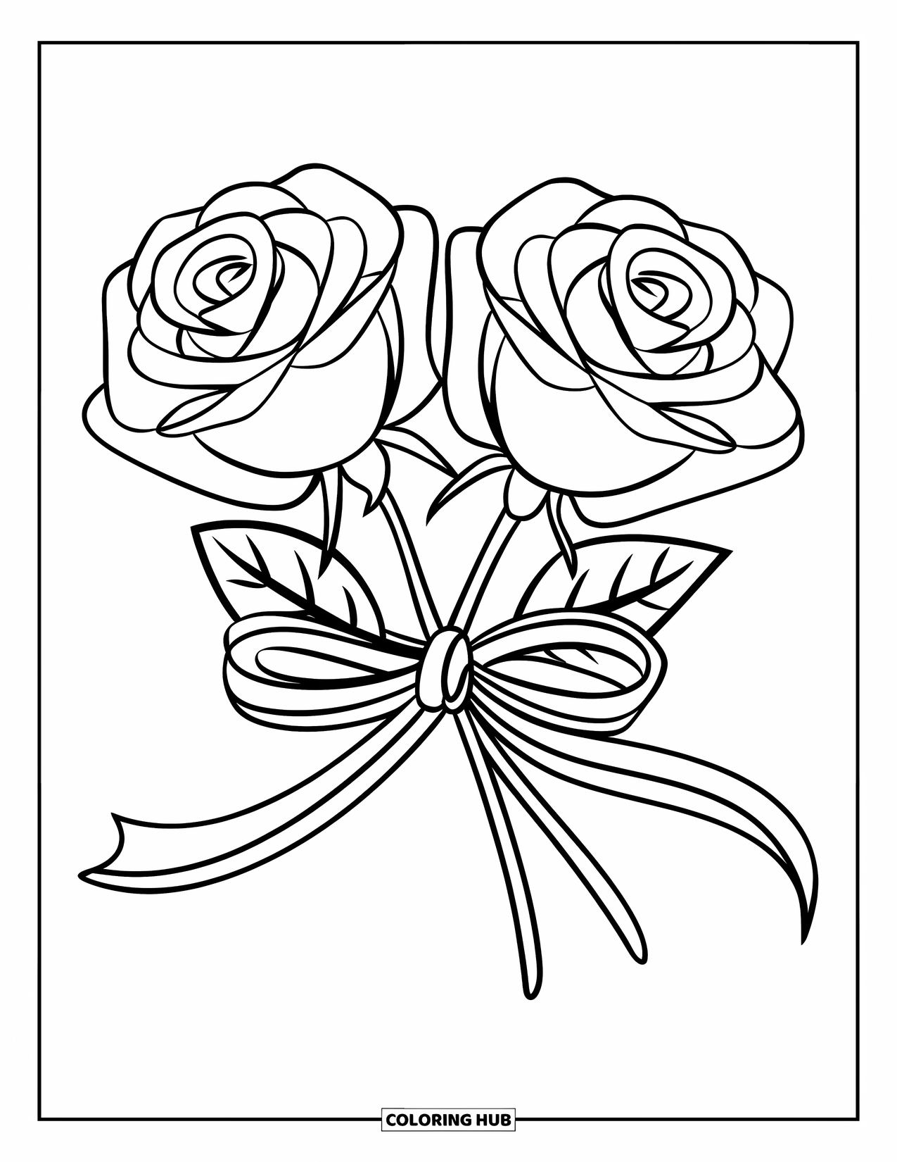 Desen de colorat cu trandafir pentru copii: Doi trandafiri cu o panglică curgătoare, așezați pe un fundal alb simplu