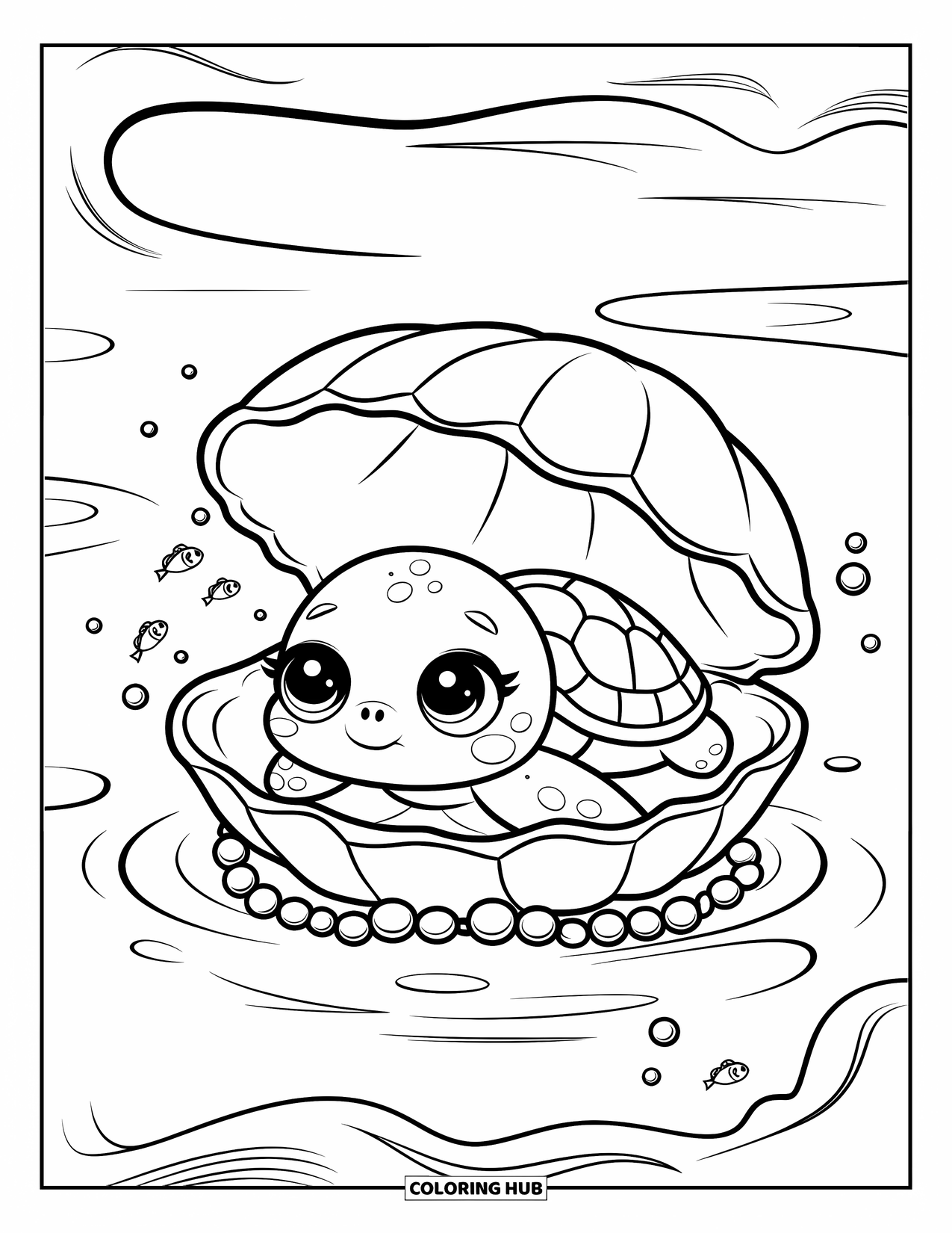 Kolorowanka z żółwiem morskim dla dorosłych: Mały żółwik wtulony w gigantyczną muszlę małży, otoczony rozsypanymi perłami