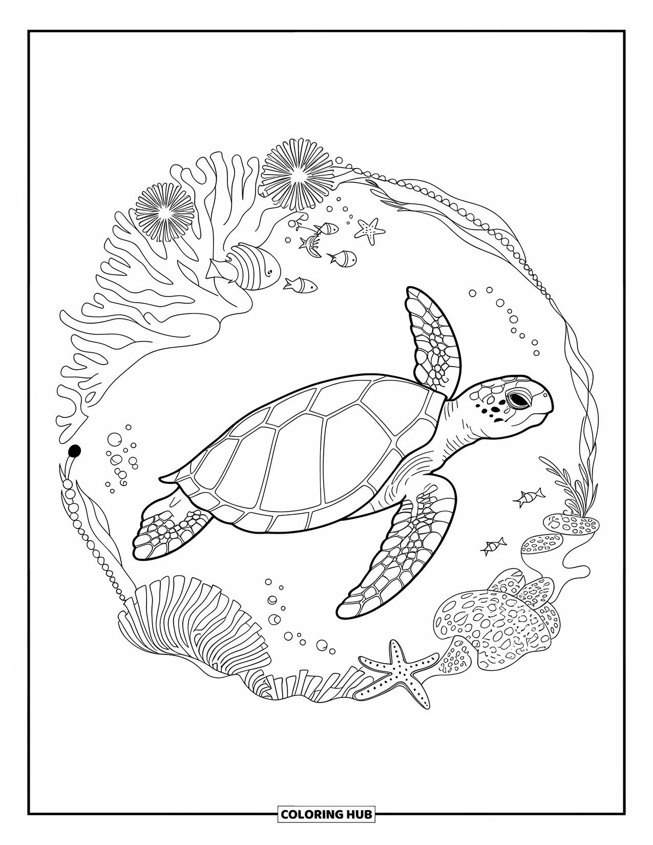 Kolorowanka z żółwiem morskim dla dorosłych: Spokojny żółw morski pływający nad rafą koralową, otoczony życiem morskim i skomplikowanymi wzorami