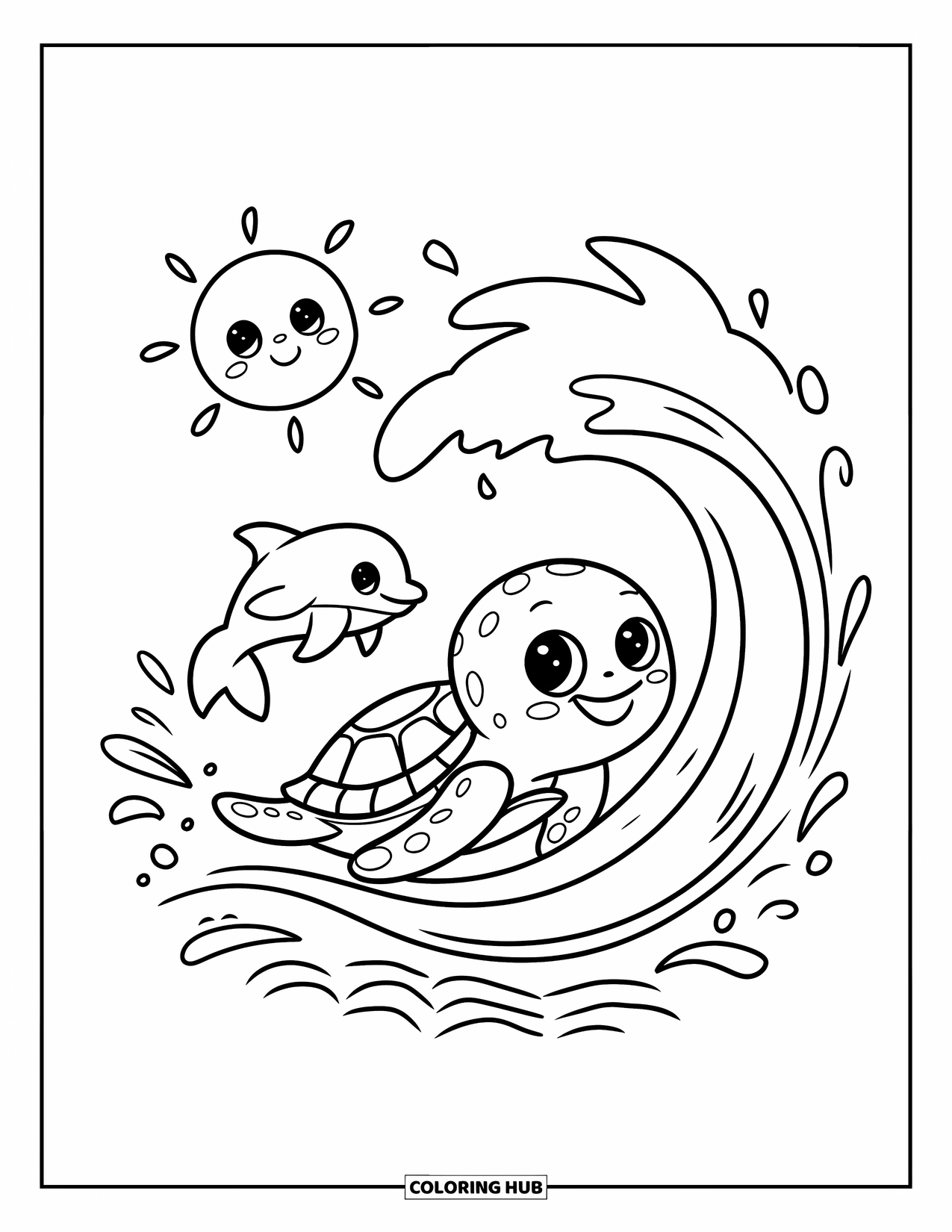 Kolorowanka z żółwiem morskim dla dorosłych: Żółwik chibi płynie na łagodnej fali oceanu, a obok niego skacze maleńki delfin