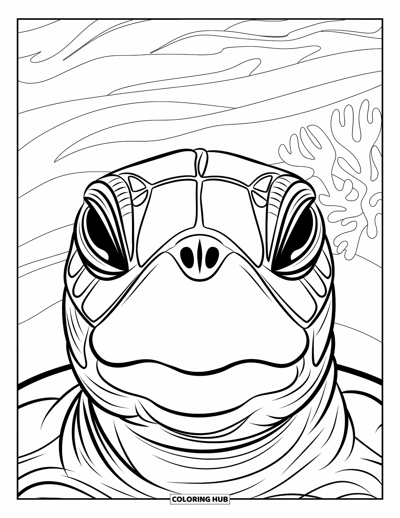 Kolorowanka z żółwiem morskim dla dorosłych: Zbliżenie twarzy żółwia morskiego z dużymi oczami i szczegółowymi łuskami, otoczonego falami oceanu