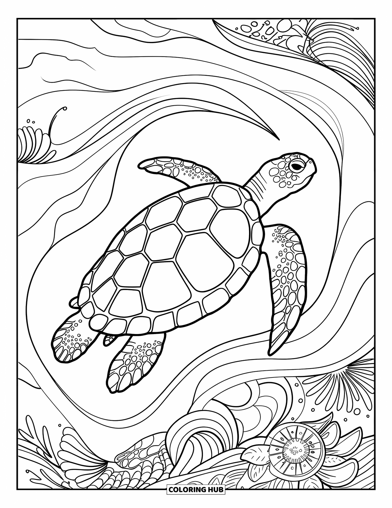 Kolorowanka z żółwiem morskim dla dorosłych: Pełen gracji żółw szybujący przez artystyczne fale, otoczony kwiatowymi i płynnymi wzorami