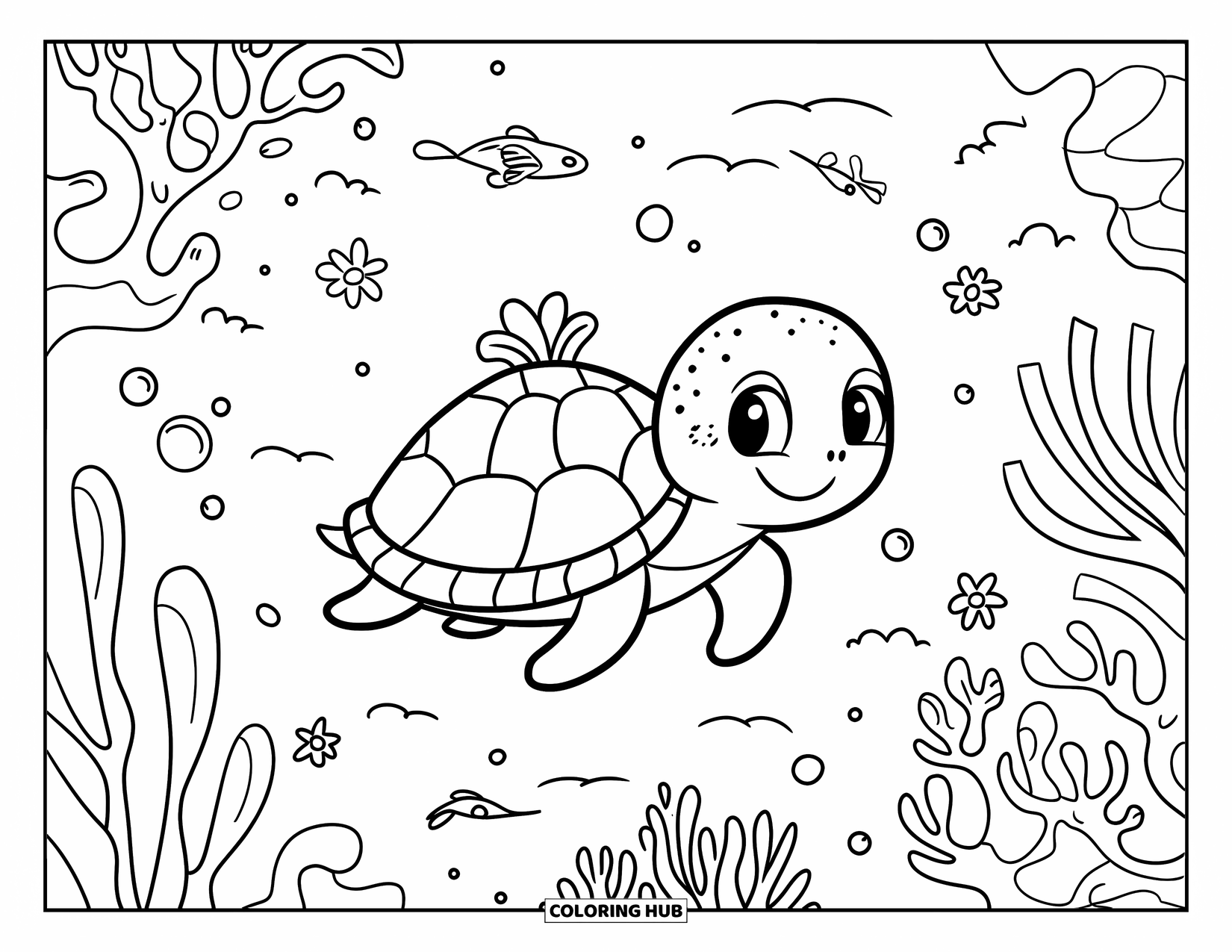 Kolorowanka z żółwiem morskim dla dorosłych: Radosny żółw z plecakiem z muszelek wędruje przez kapryśny podwodny świat