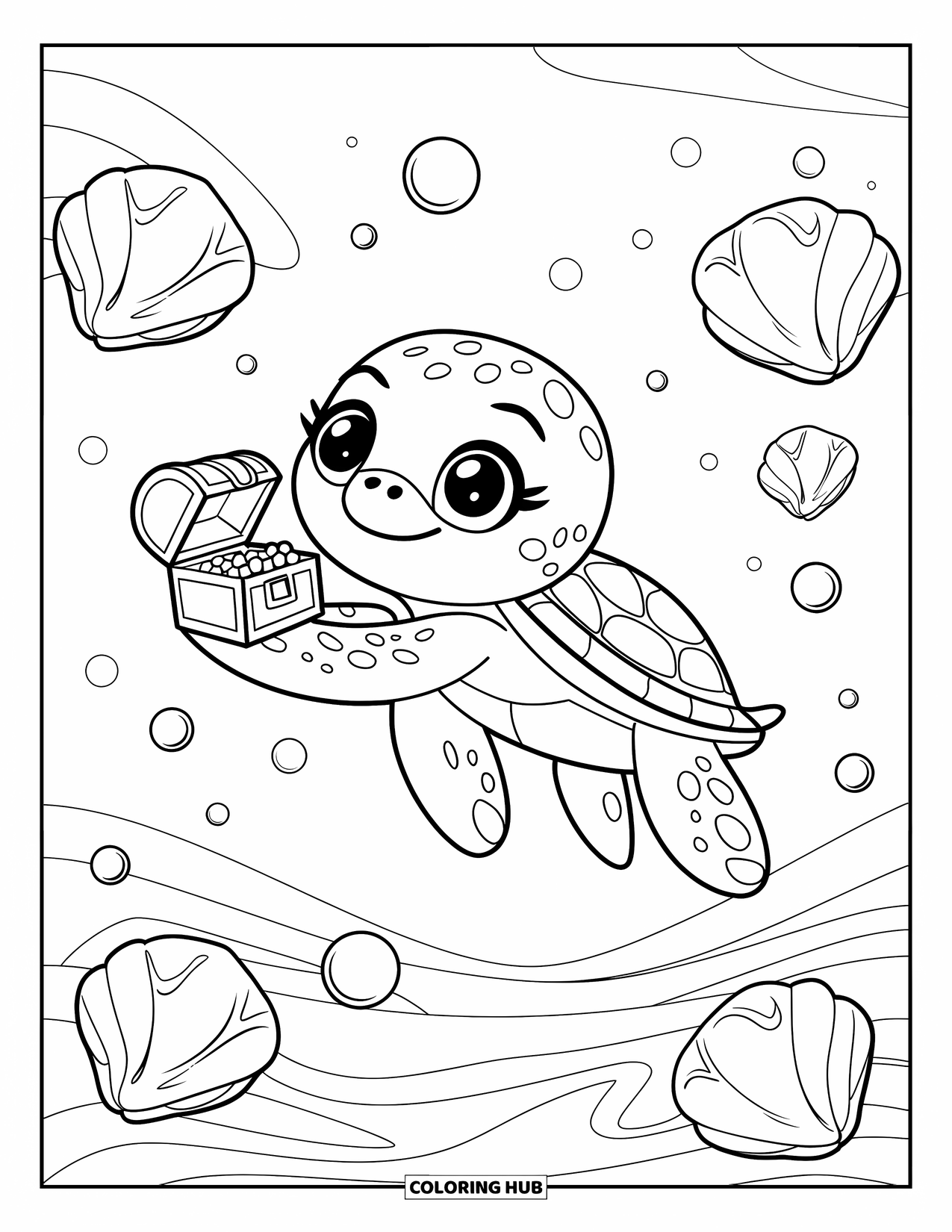 Kolorowanka z żółwiem morskim dla dorosłych: Żółwik kawaii trzyma maleńką skrzynię skarbów, otoczony muszelkami i rozsypanymi perłami