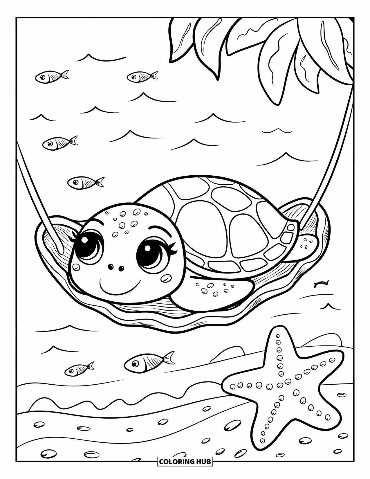 Kolorowanka z żółwiem morskim dla dorosłych: Żółwik kawaii relaksuje się w hamaku z muszelek, podczas gdy ryby pływają, a fale obmywają brzeg