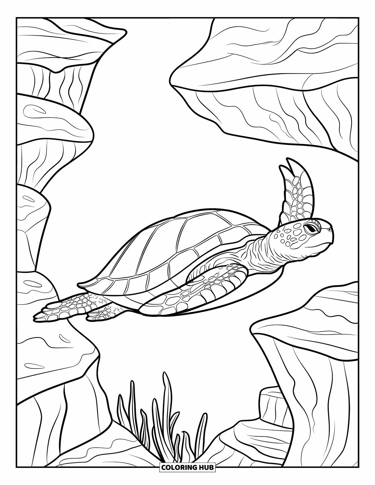 Kolorowanka z żółwiem morskim dla dorosłych: Dostojny żółw pływający nad podwodnym kanionem wypełnionym skałami i koralowcami