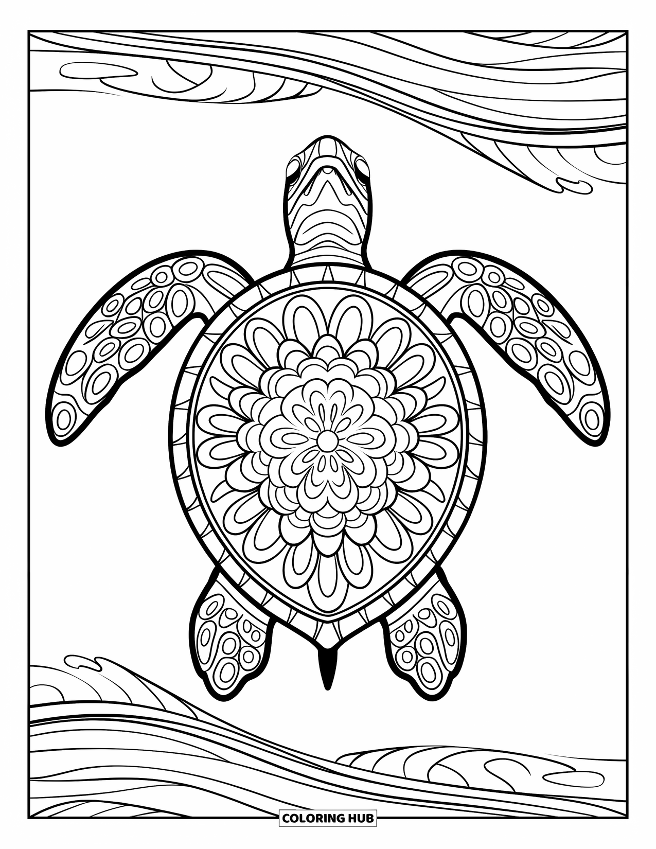 Kolorowanka z żółwiem morskim dla dorosłych: Żółw w stylu mandali pływający przez toczące się fale w spokojnym otoczeniu oceanicznym