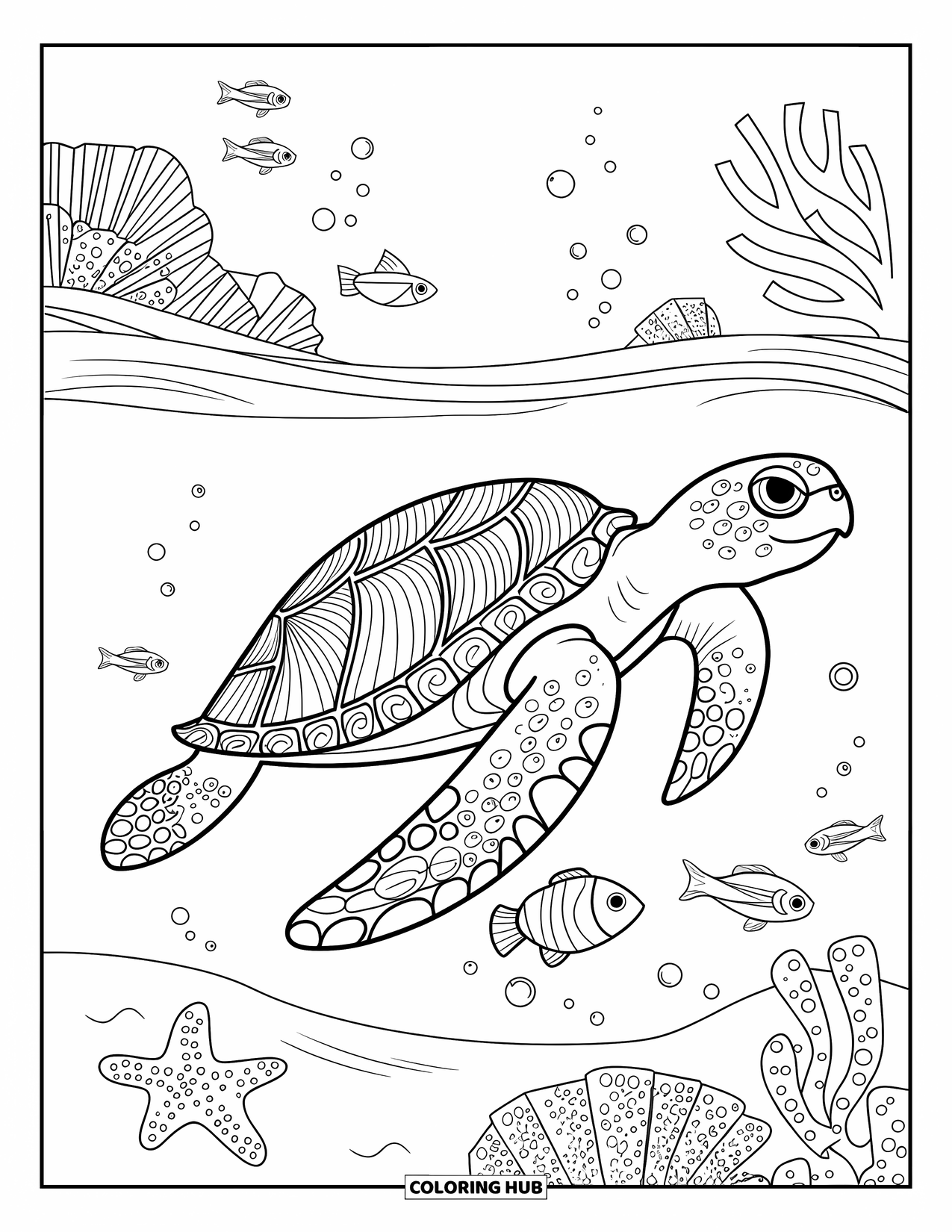 Kolorowanka z żółwiem morskim dla dorosłych: Wzorzysty żółw morski pływający w oceanie, otoczony falami, rybami i koralowcami