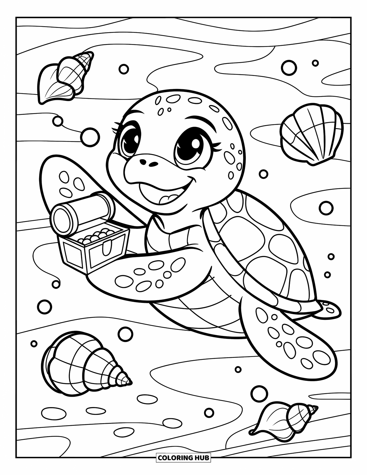 Kolorowanka z żółwiem morskim dla dorosłych: Figlarny żółw morski trzyma maleńką skrzynię skarbów, otoczony muszelkami i perłami w oceanie