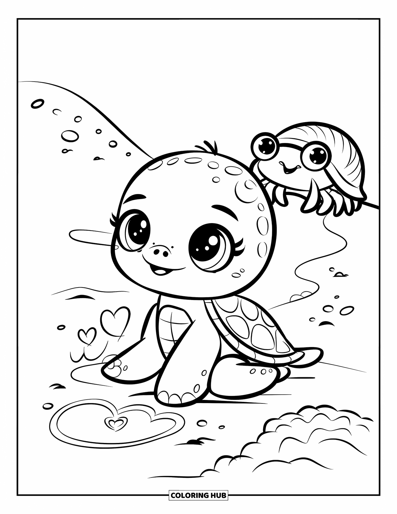 Kolorowanka z żółwiem morskim dla dorosłych: Figlarny żółw bazgrze po piasku, podczas gdy w pobliżu zerka maleńki krab pustelnik