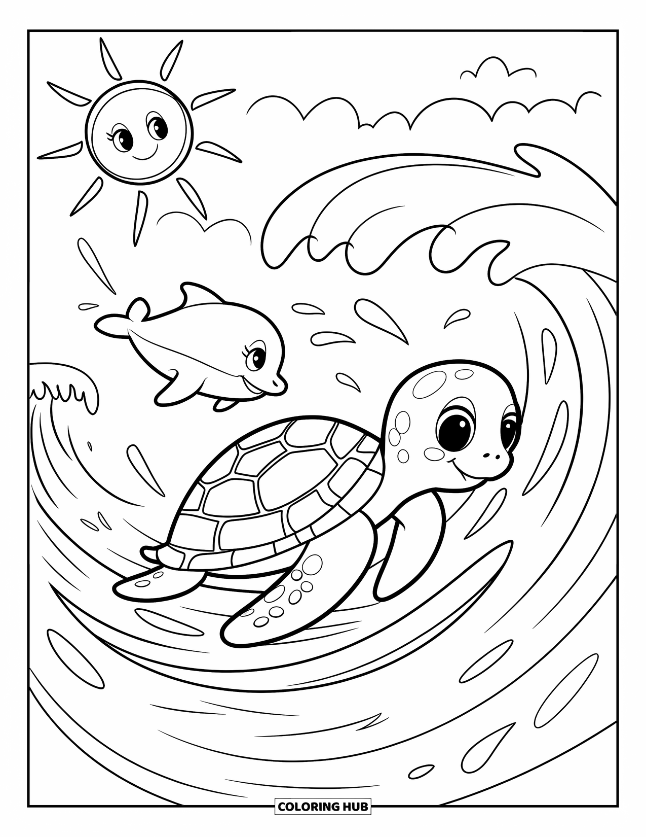 Kolorowanka z żółwiem morskim dla dorosłych: Figlarny żółw surfuje na fali, podczas gdy uśmiechnięte słońce zerka z góry